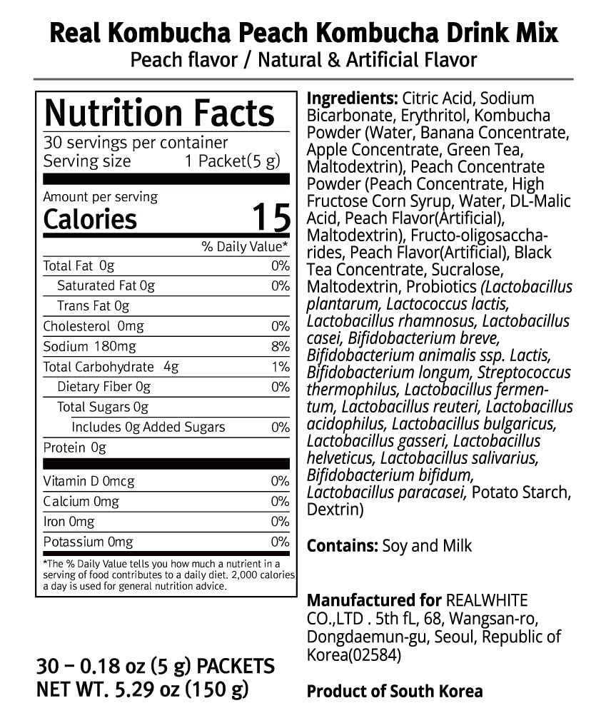 Funeat Funeat Real Kombucha Peach Flavor, Zero Sugar, Sparkling Fermented Powered Mix Beverage from Korea, 30 Sticks, 5 Ounce