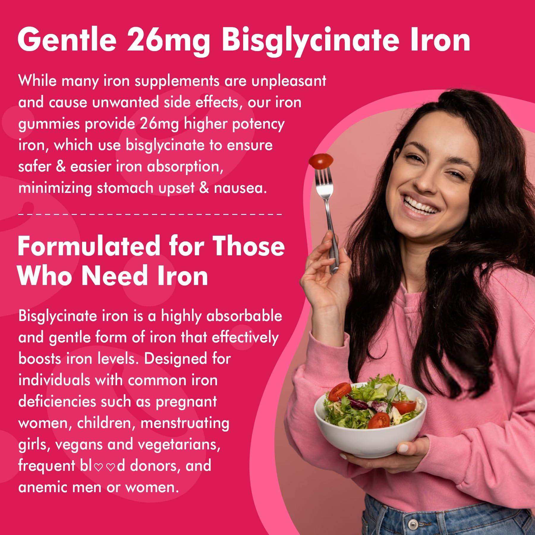 NextDia Iron Bisglycinate 26mg Filled Gummies - Gentle Beet Root Iron Gummy plus Vitamin C, Supplement Iron with B12 & Folate for Women & Men, Iron Deficiency, Immune & Energy Support, Sugar-Free, Vegan,60Cts