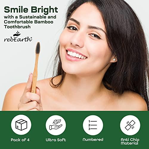 rebEarth Bamboo Aesthetic Toothbrush Wood Set of 4 | Ultra Soft Bristles | Black Charcoal Infused | American Brand | Upgrade Hygiene & Reduce Waste | Brushes Teeth Care | Earth Friendly | Plant Based