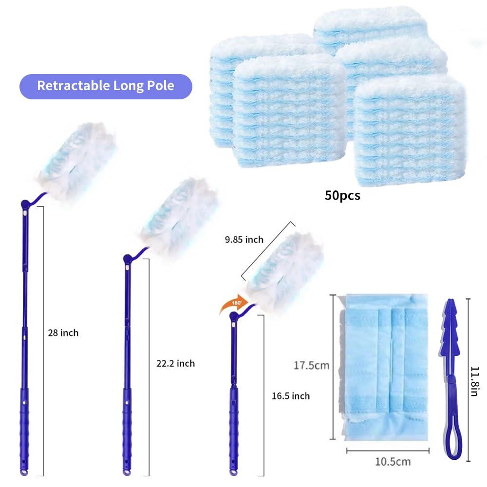 Setoolly 50 Packs Duster Refill for Swiffer Duster, Multi Surface Feather Dusters Kit with 2 Handle, Heavy Duty Duster Refills, Multi Surface 360 Duster Refills