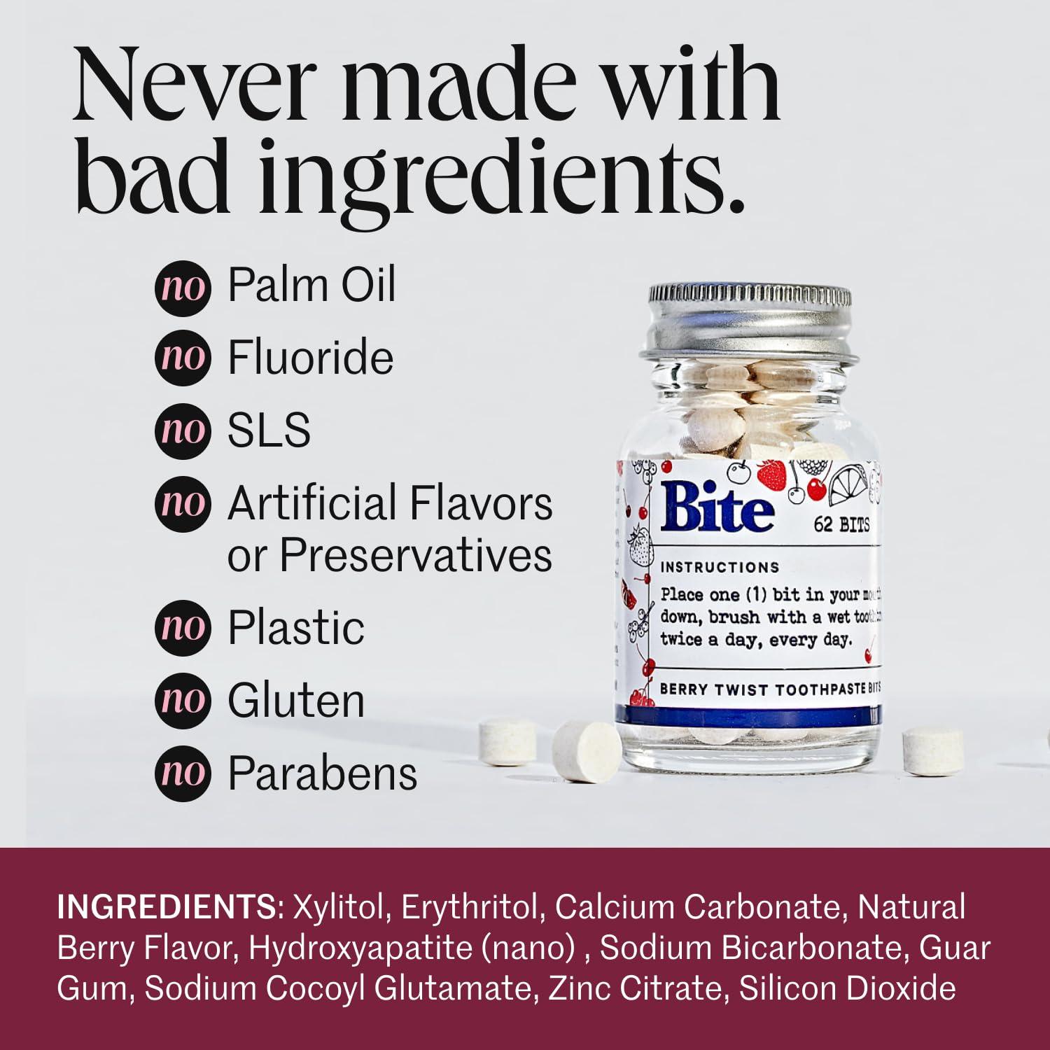 Bite Bite Whitening Toothpaste Tablets Nano Hydroxyapatite & Xylitol (Berry Twist) | Sensitive Teeth & Kid-Friendly | No Fluoride, Vegan, Cruelty-Free | Travel-Size | 2 Bottles (124 Bits) | Made in USA