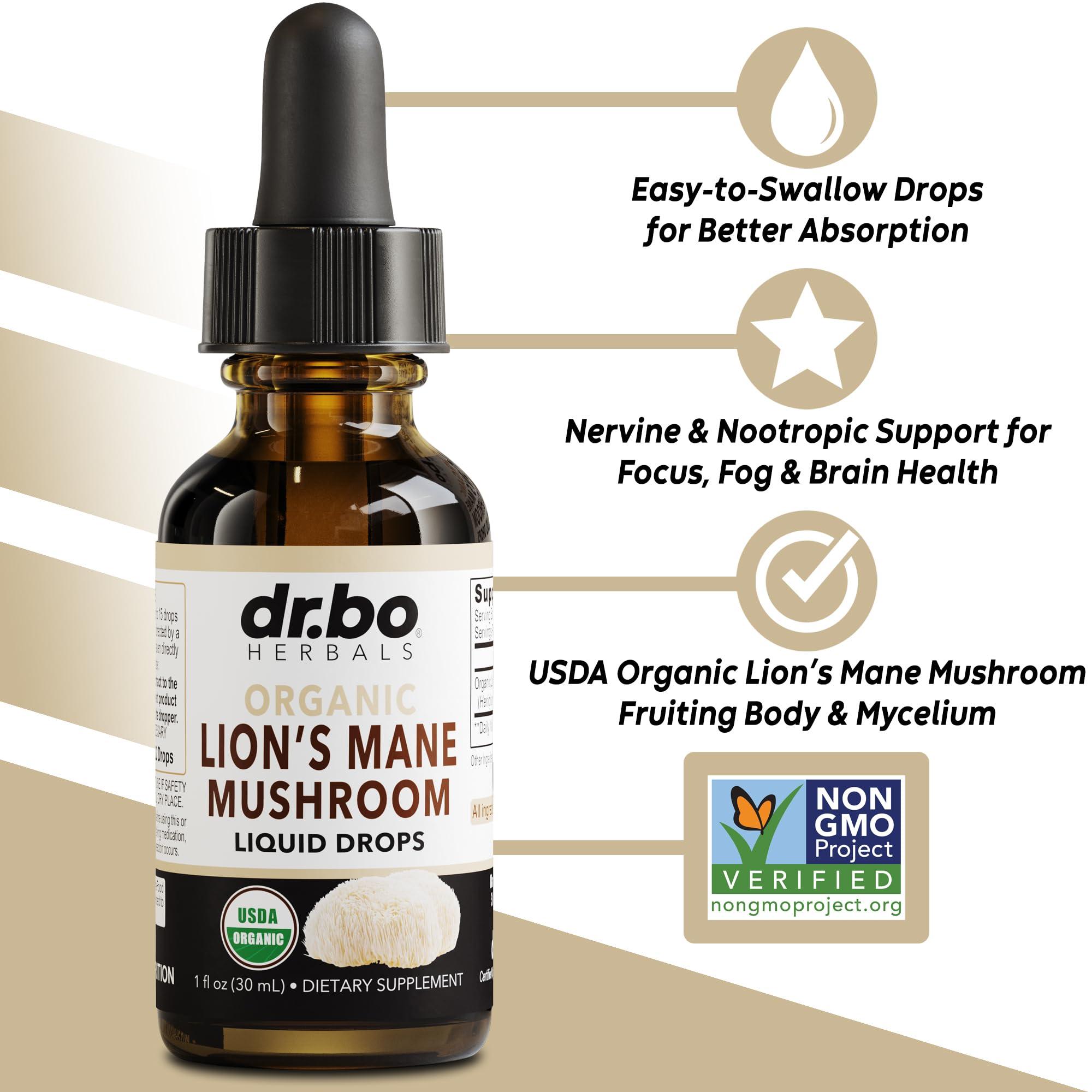 DR. BO Lions Mane Mushroom Supplement Drops - Organic Lion\'s Mane Mushroom Liquid Tincture for Focus, Fog Brain Health Supplements - Vegan Herbal Nervine Nootropic Organic Lions Liquid Supplement Extract 1oz