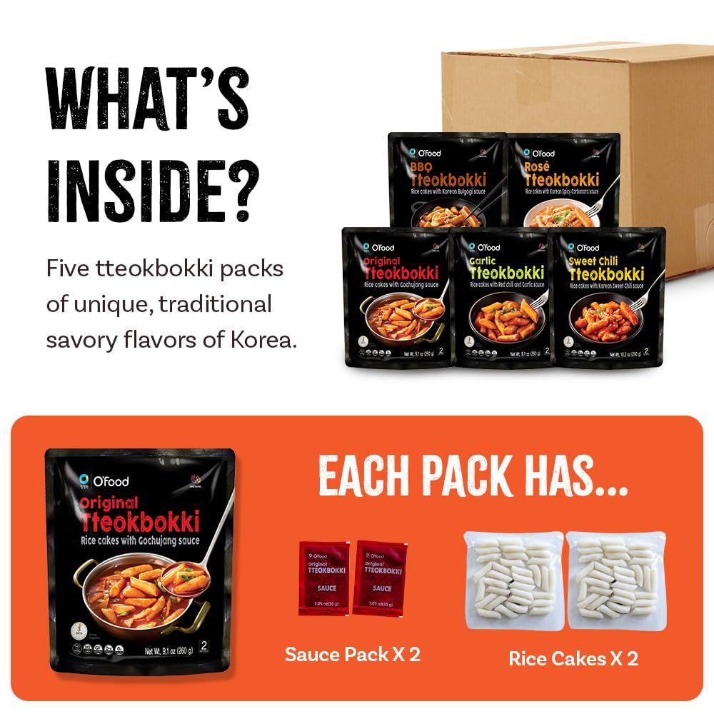 C O\'Food Chung Jung One O\'Food Tteokbokki Variety Pack, Pack of 5, Instant Korean Rice Cakes, Authentic Spicy Street Food, Ready to Eat, No MSG, No Corn Syrup