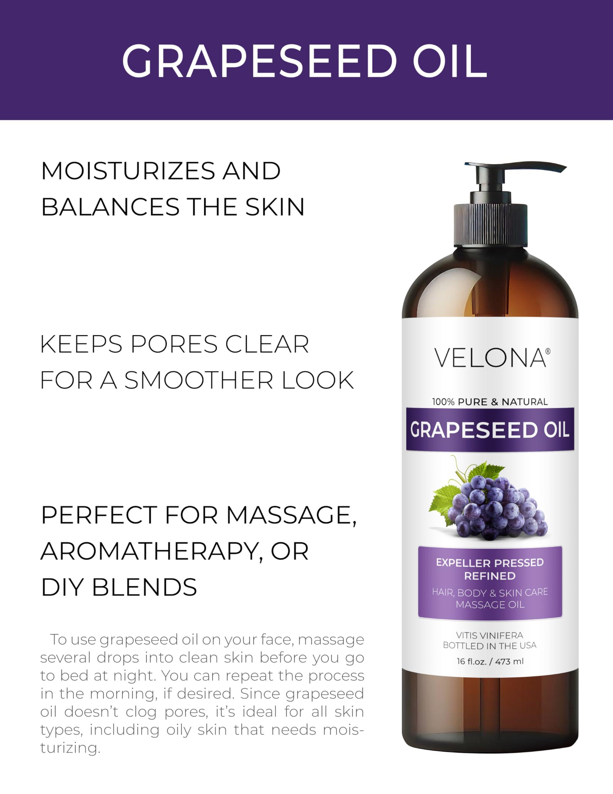 velona velona Grapeseed Oil 16 fl oz | 100% Pure and Natural Carrier Oil | Refined, Cold pressed | Skin, Face, Body, Hair Care | Use Today - Enjoy Results
