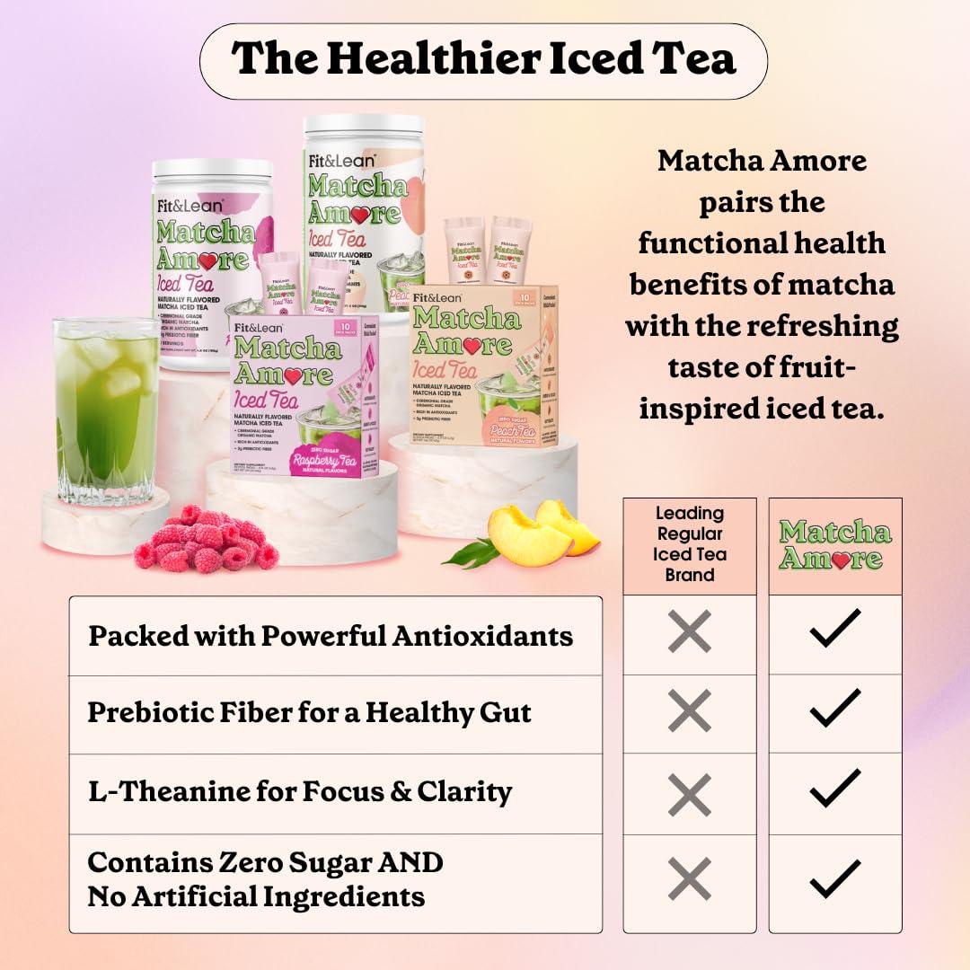 Fit & Lean Fit & Lean Matcha Amore Iced Tea, Fruit-Inspired Naturally Flavored Organic Ceremonial Grade Matcha Green Tea, Prebiotic Fiber, L-Theanine, Naturally Sweetened, NON-GMO, Zero Sugar, Raspberry Iced Tea, 10 Stick Packs