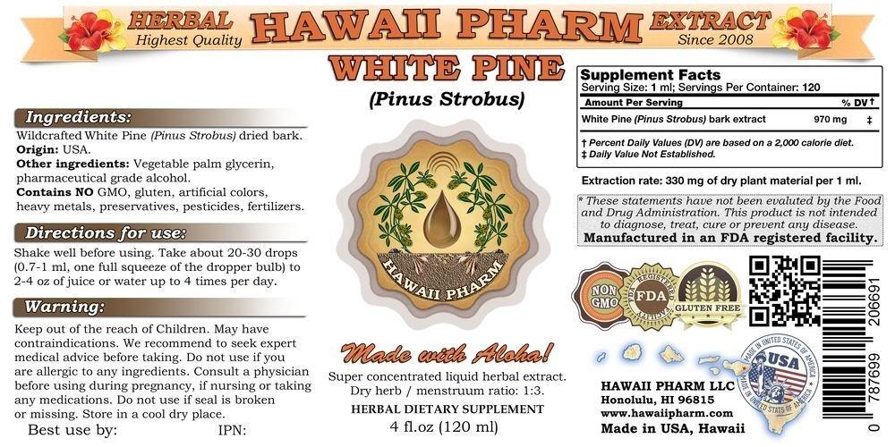 HawaiiPharm White Pine Liquid Extract, White Pine (Pinus Strobus) Bark Powder Tincture, Herbal Supplement, Hawaii Pharm, Made in USA, 2x2 fl.oz