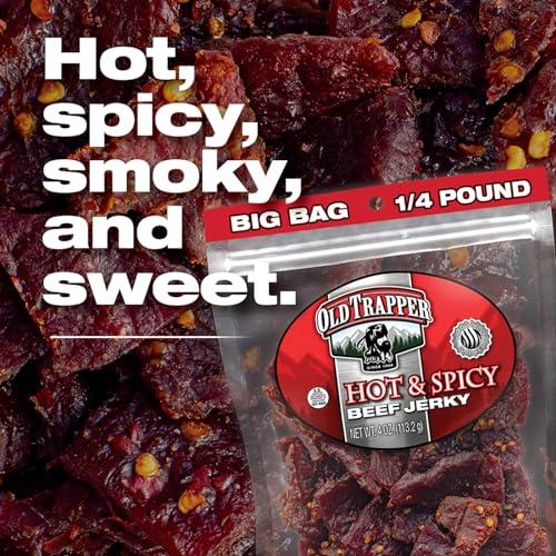 Old Trapper Old Trapper Beef Jerky, Hot & Spicy 1/4-Pound Individual Package, Savory and Spicy Meat Snacks for Lunches or Between Meals, 11 Grams of Protein and 70 Calories per Serving (Pack of 8)