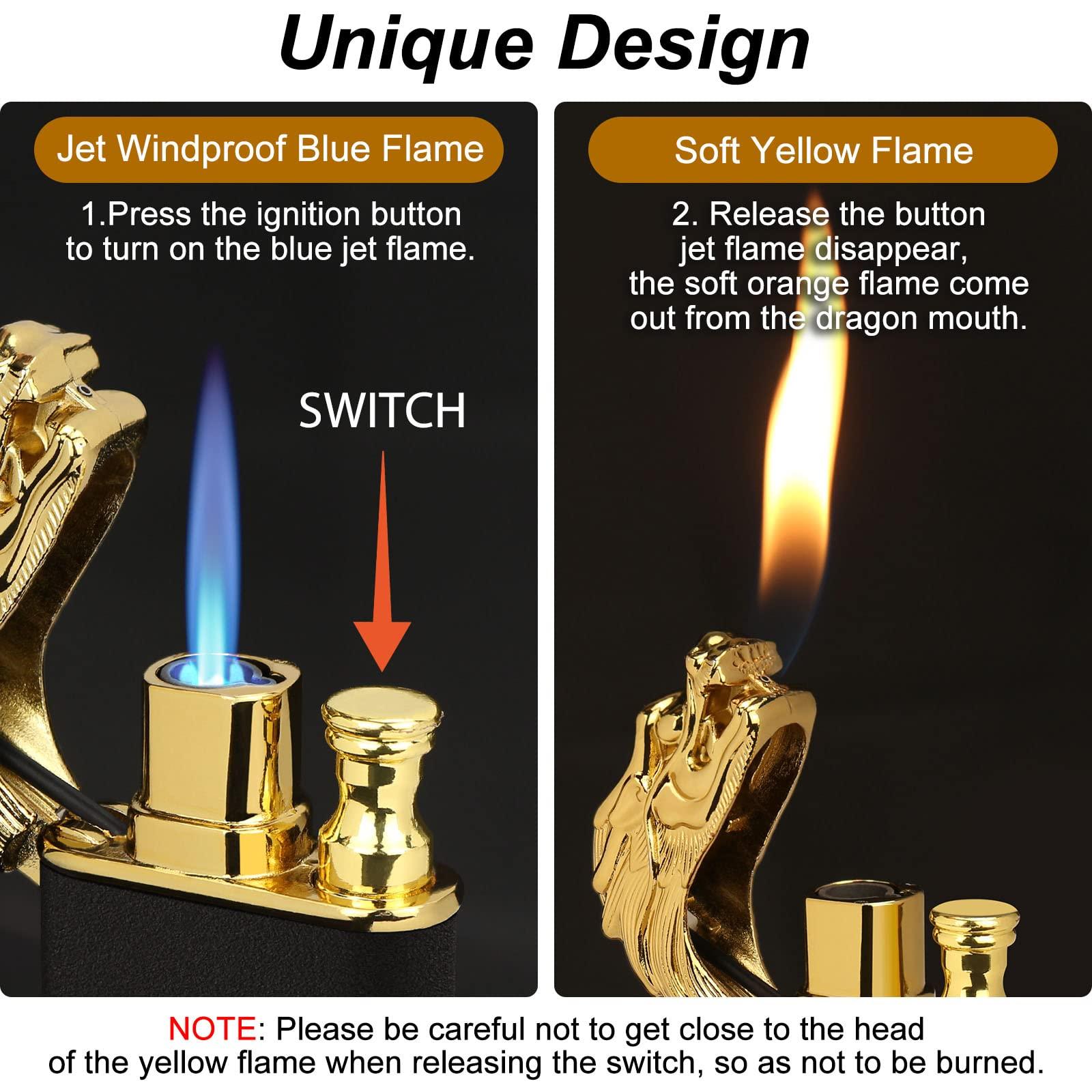 Fodana Cool Dual Flame Dragon Lighter,Outdoor Windproof Dragon Torch Lighter,Switchable Soft/Jet Flame Lighter,Double Flame Refillable Butane Lighter,Cool Lighter Creative Gift for Men(Without Butane)