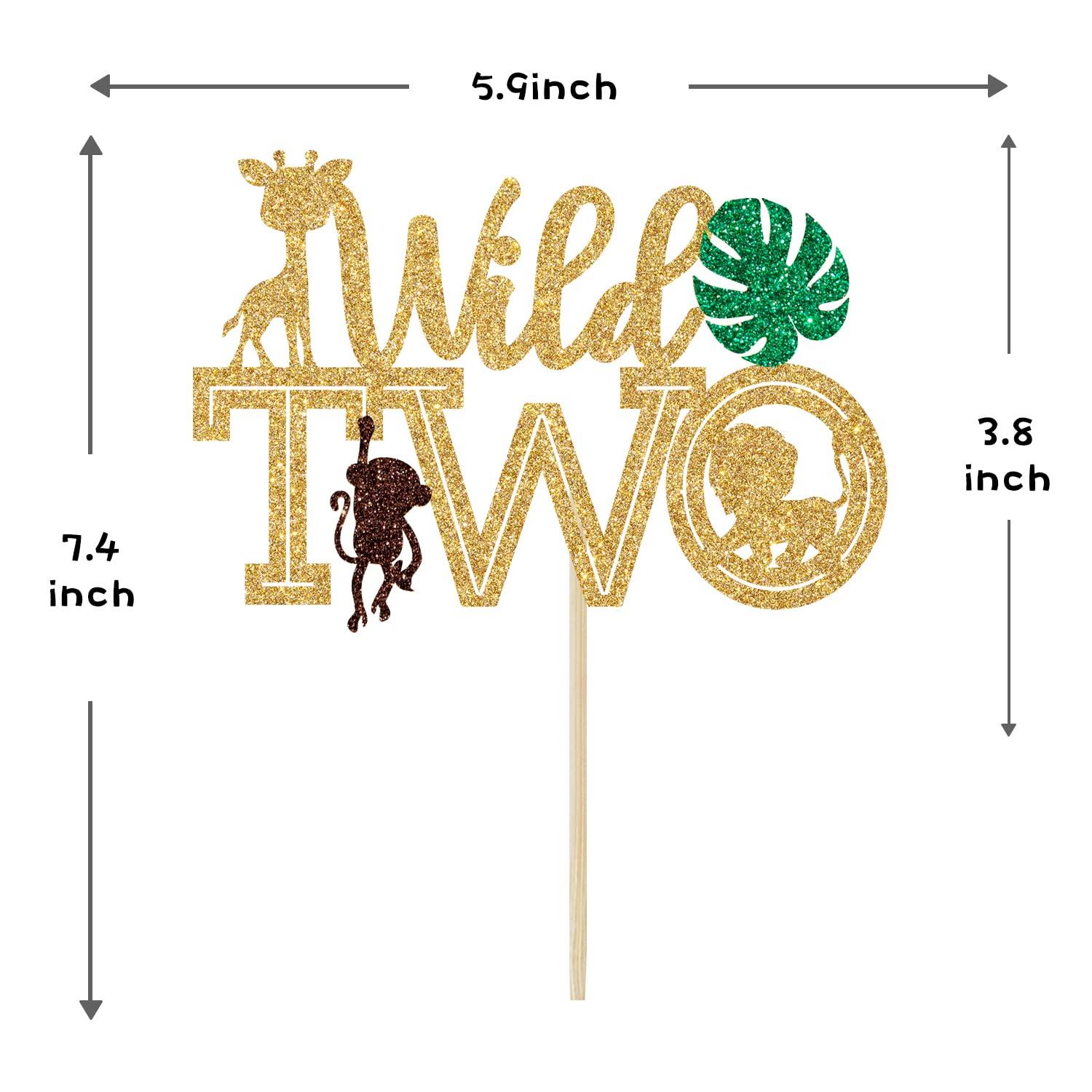 Sriburcio Gold Glitter Two Wild Cake Topper, Born Two Be Wild/Happy 2nd Birthday/Two Cute/Two Fast, Jungle Wild Themed Baby's 2nd Birthday Party Decorations