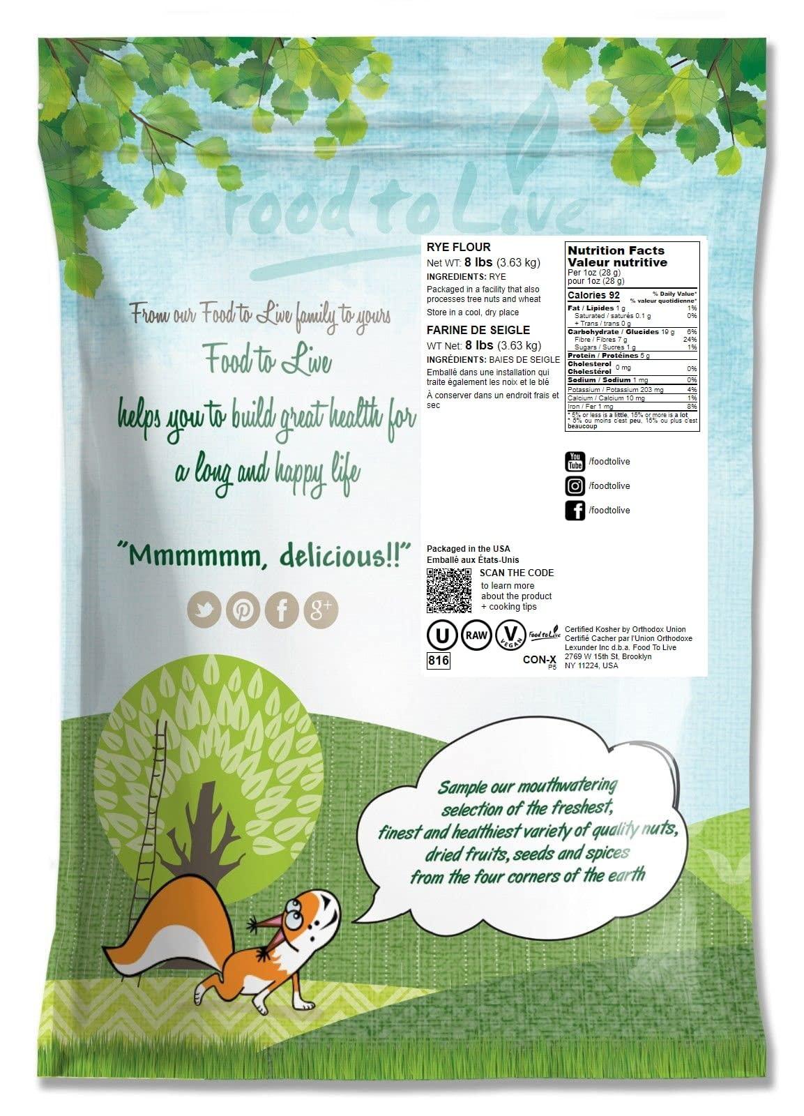 Food to Live Food to Live Rye Flour, 8 Pounds Stone Ground from Whole Grain Rye Berries, Kosher, Vegan, Bulk, Great for Bread Baking, Product of the USA