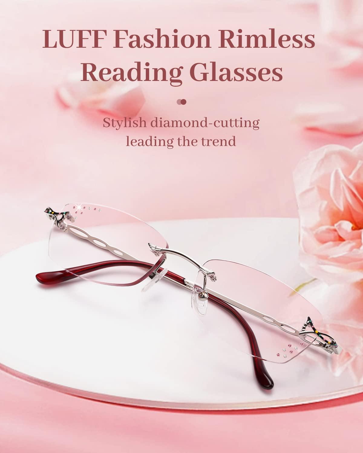 LUFF LUFF Rimless Reading Glasses for Women, Fashion Diamond Cutting Frameless Glasses,Stylish Ultra-light Metal Frameless Reader(1.5X)
