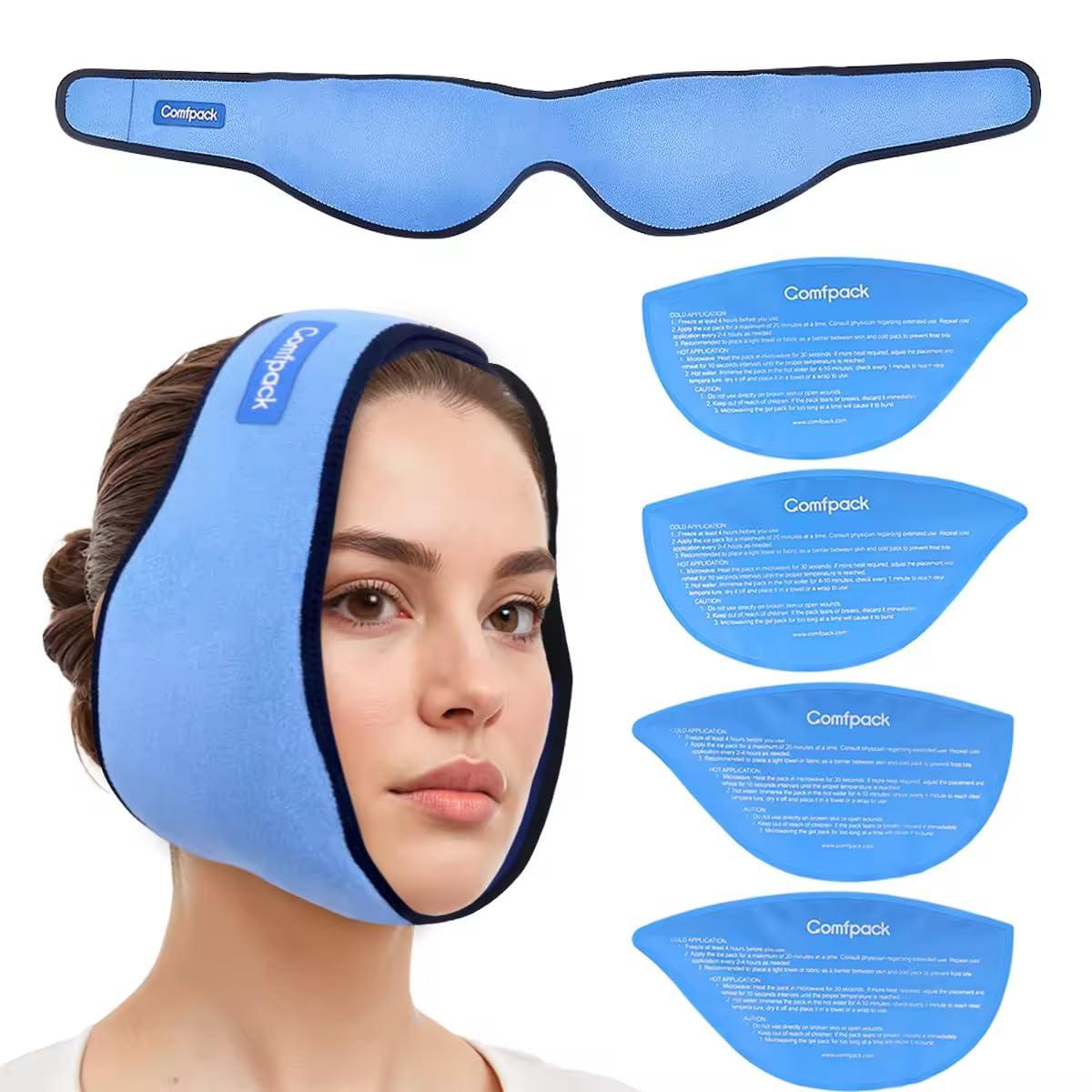 Comfpack Comfpack Wisdom Teeth Ice Pack Head Wrap, Large Face Ice Pack with 4 Reusable Hot Cold Gel Packs for TMJ Relief, Jaw Pain, Face Swelling, Oral Pain, Cosmetic Injection, Tonsillectomy