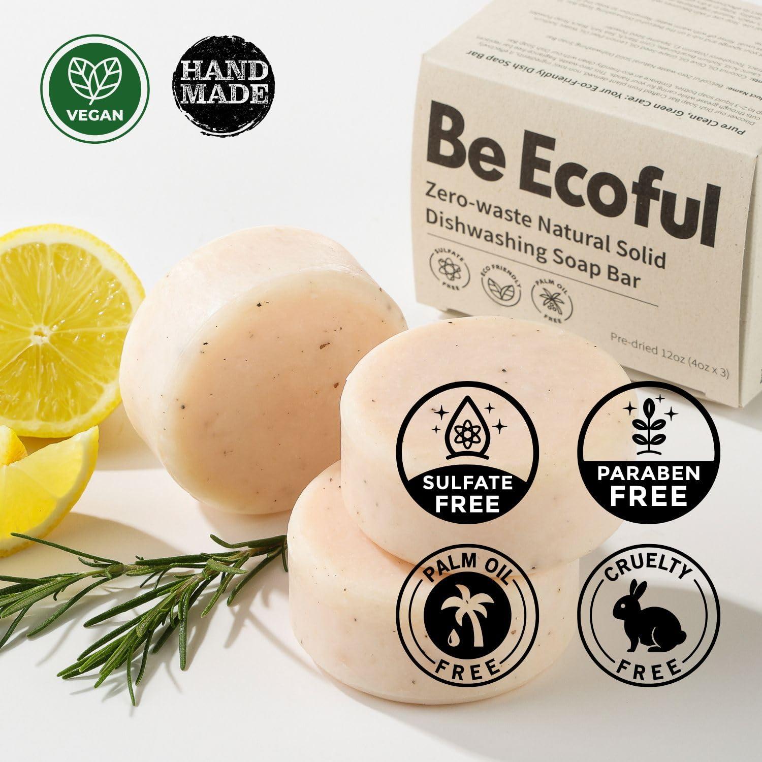 Fragranthetic BeEcoful Zero Waste Natural Dish Soap Bar (Pack of 3) - Vegan Dishwashing Block, Eco-friendly with Plastic-Free Packaging, Sustainable Organic Ingredients