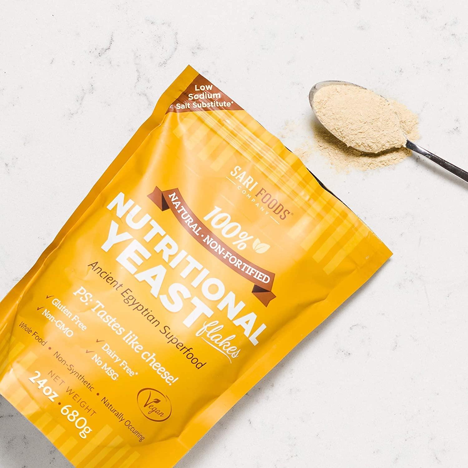Sari Foods Co Non Fortified Nutritional Yeast Flakes, Whole Foods Based Protein Powder, Vegan, Gluten Free, Vitamins B, Beta-glucans, and All 18 Amino Acids (24 oz.)