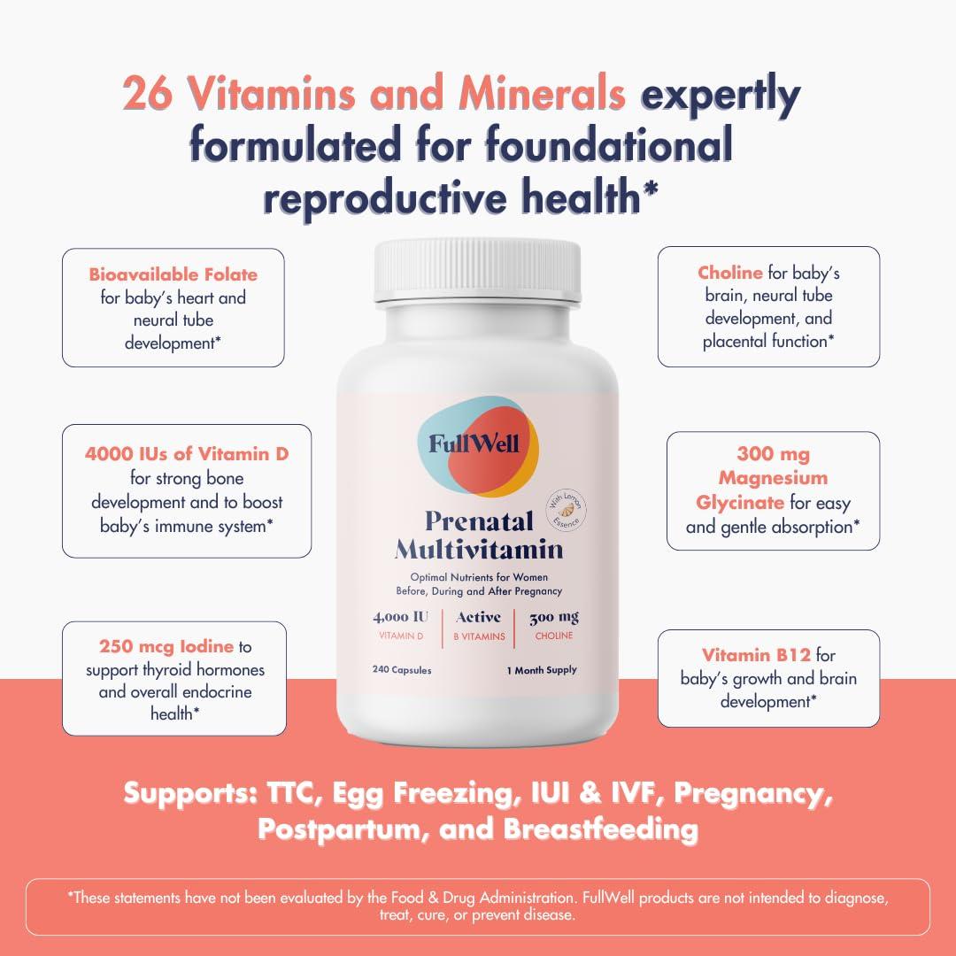 FullWell FullWell Prenatal Vitamins Lemon | choline, folate, vitamin D for fetal growth, brain development | 26 Vital Nutrients | Dietitian-formulated, OBGYN recommended, non-GMO, 3rd Party tested, 30 Servings