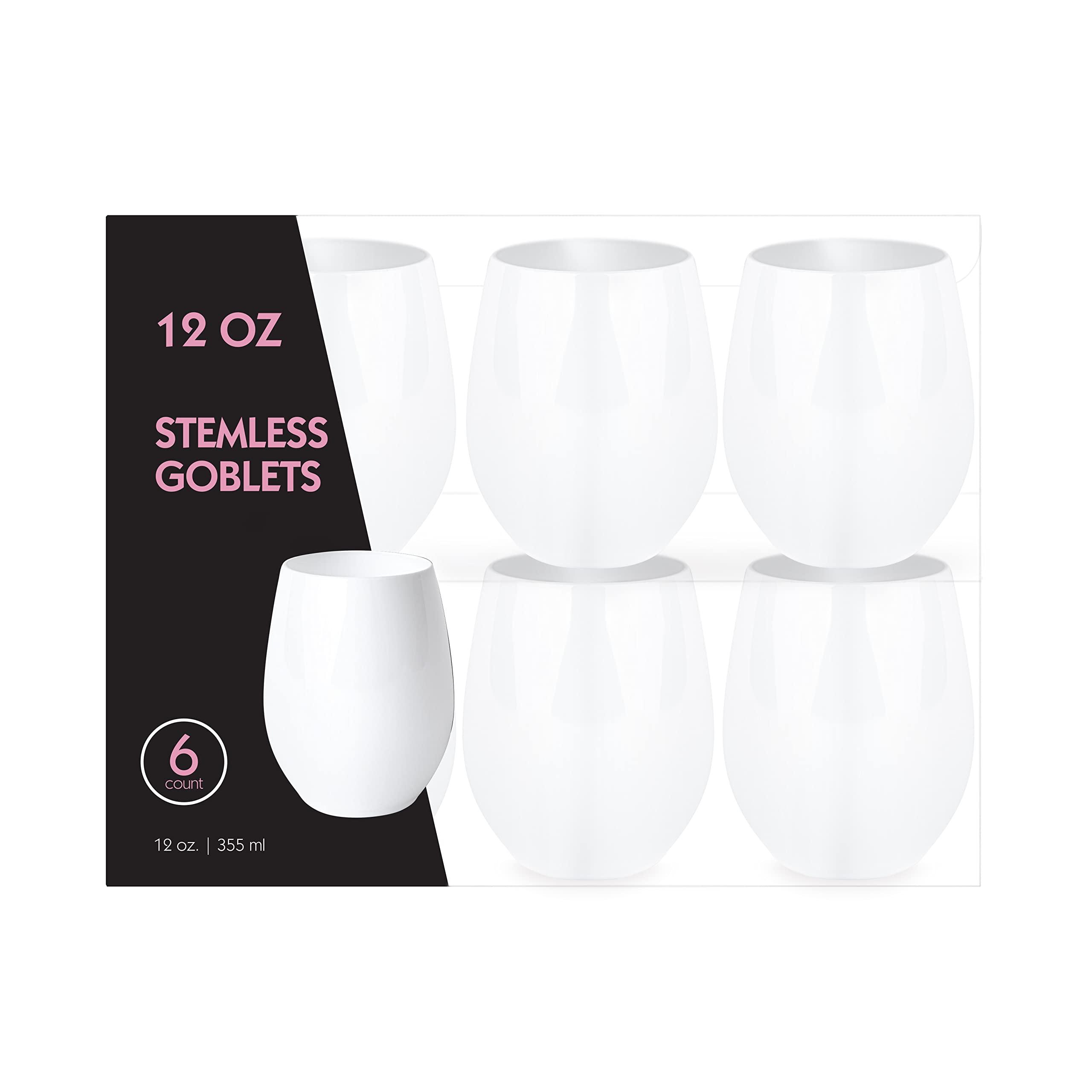 PLASTICPRO PLASTICPRO 6 Pack White Plastic Wine Glasses Stemless Disposable 12 oz BPA Free Shatterproof Plastic Wine Cups Wine Glasses for Parties