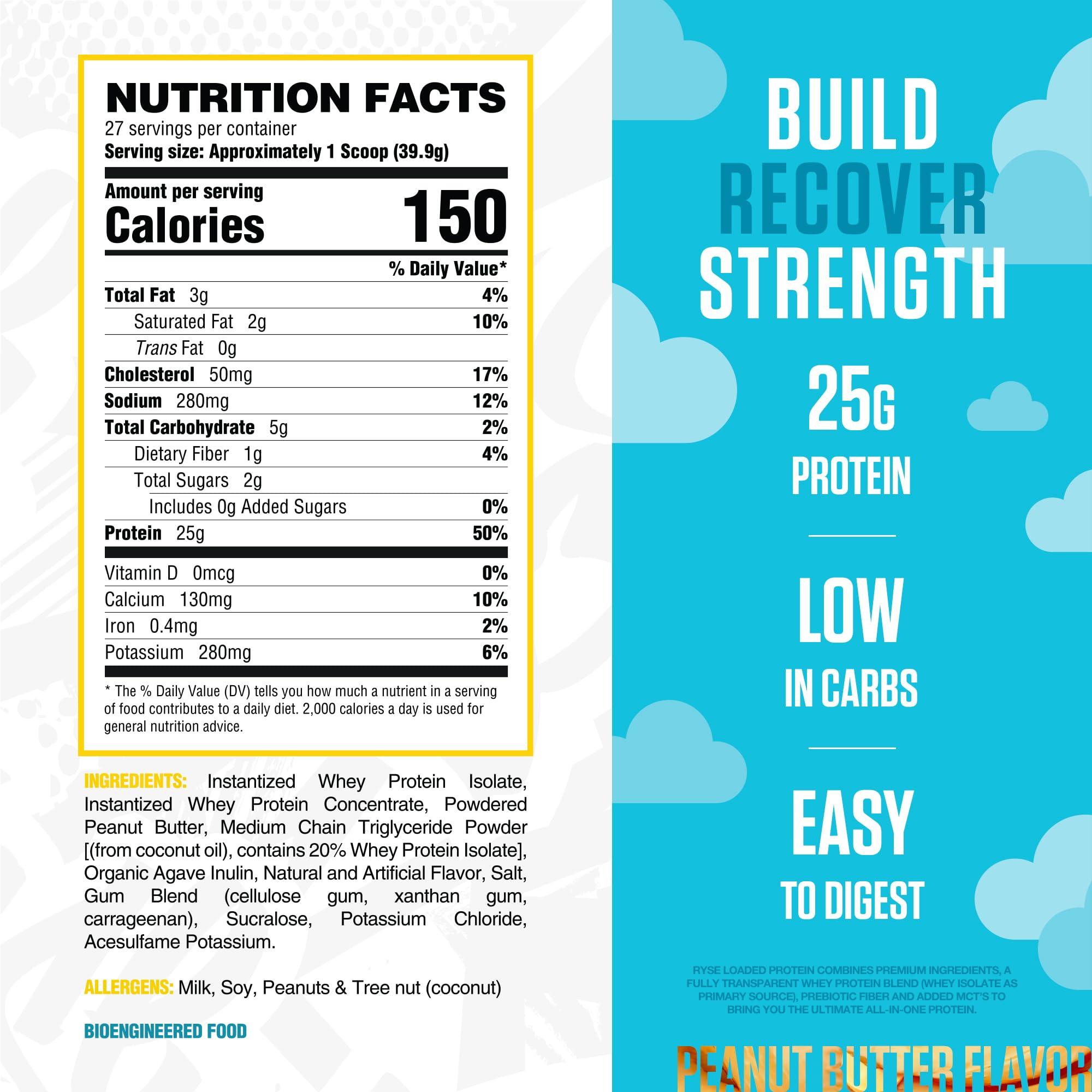 RYSE Up Supplements Ryse Loaded Protein Powder | 25g Whey Protein Isolate & Concentrate | with Prebiotic Fiber & MCTs | Low Carbs & Low Sugar | 27 Servings (Skippy Peanut Butter)