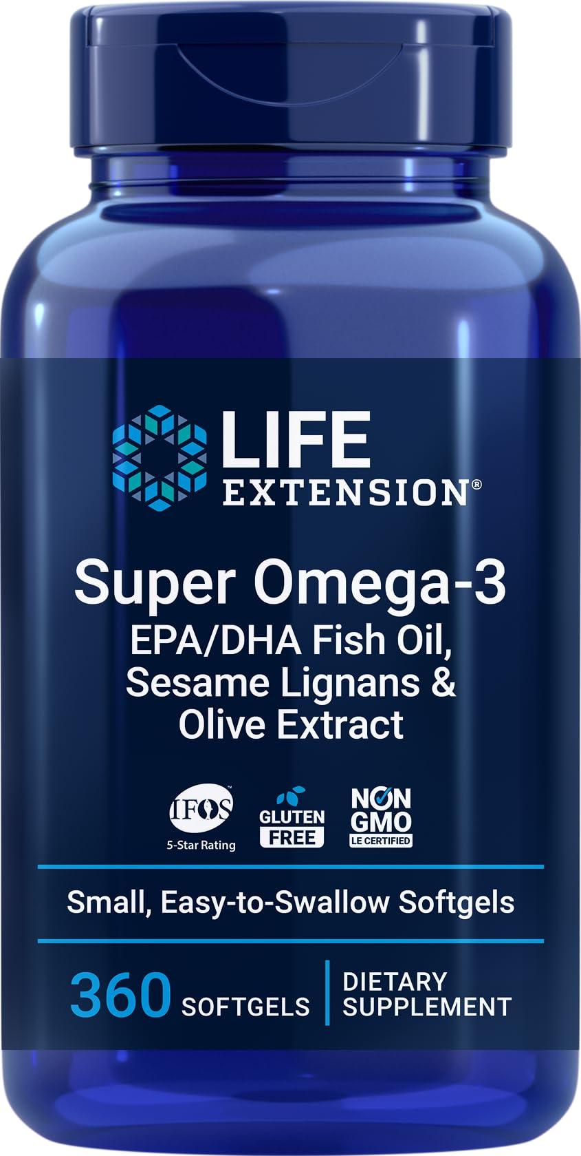 Life Extension Life Extension Super Omega-3 360 Softgels, Easy to Swallow, EPA/DHA Omega3 Fish Oil, Sesame Lignans & Olive Extract