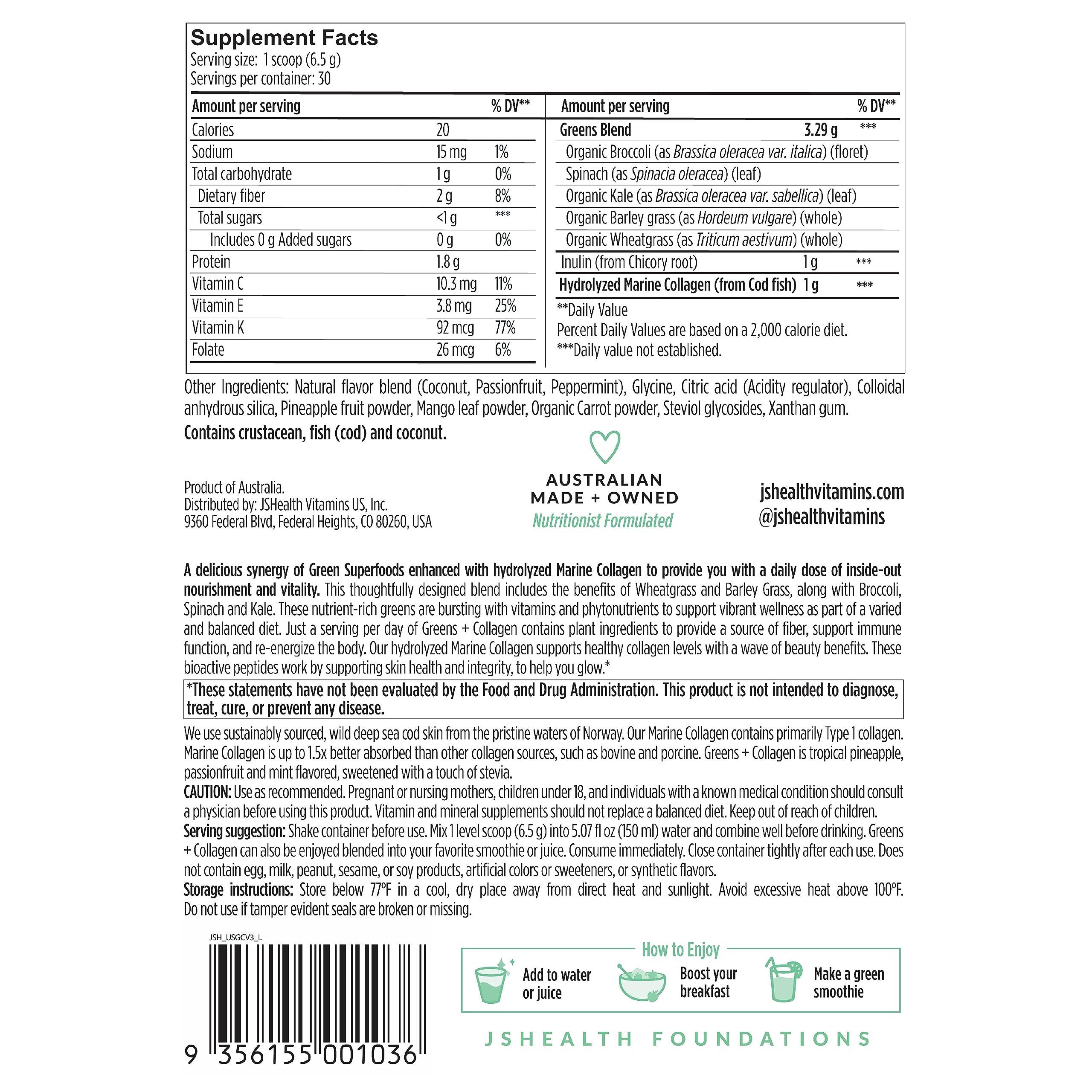 JSHealth JSHealth Super Greens Powder - Greens & Collagen Powder - Superfood Powder with Marine Collagen Peptides, Vitamins & Veggies, 30 Servings