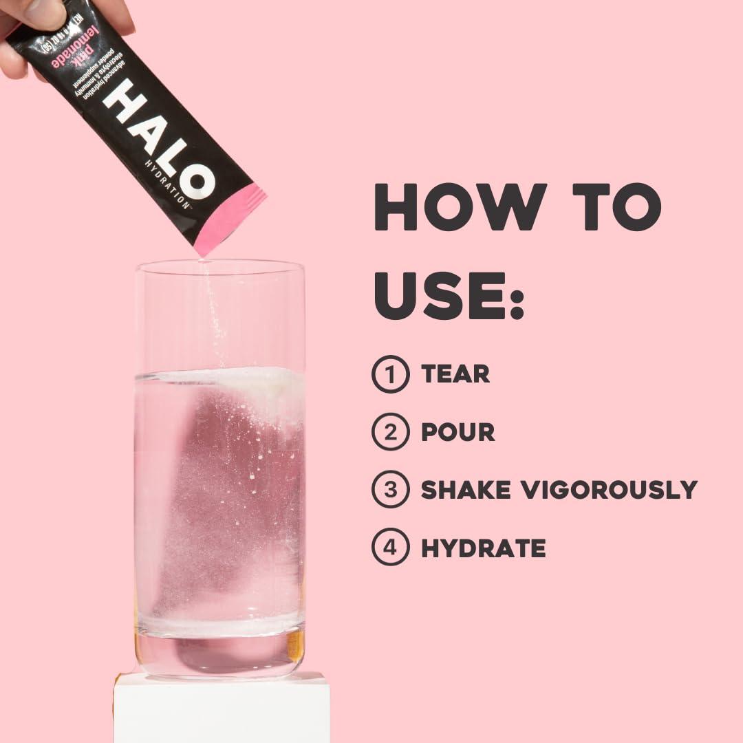 HALO Sport Halo Hydration - Electrolyte Drink Mix | Hydration Powder Packets | Pink Lemonade Flavor for Sports and Cycling | Easy Open Single Serving Stick | 6 Sticks