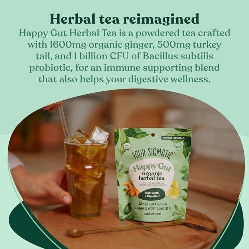 Four Sigmatic Four Sigmatic Happy Gut Organic Herbal Tea | Organic Lemon Ginger with Probiotics & Turkey Tail Mushroom | Instant Digestive Tea | Vegan, Gluten-Free | Lemon Ginger, 24 Servings