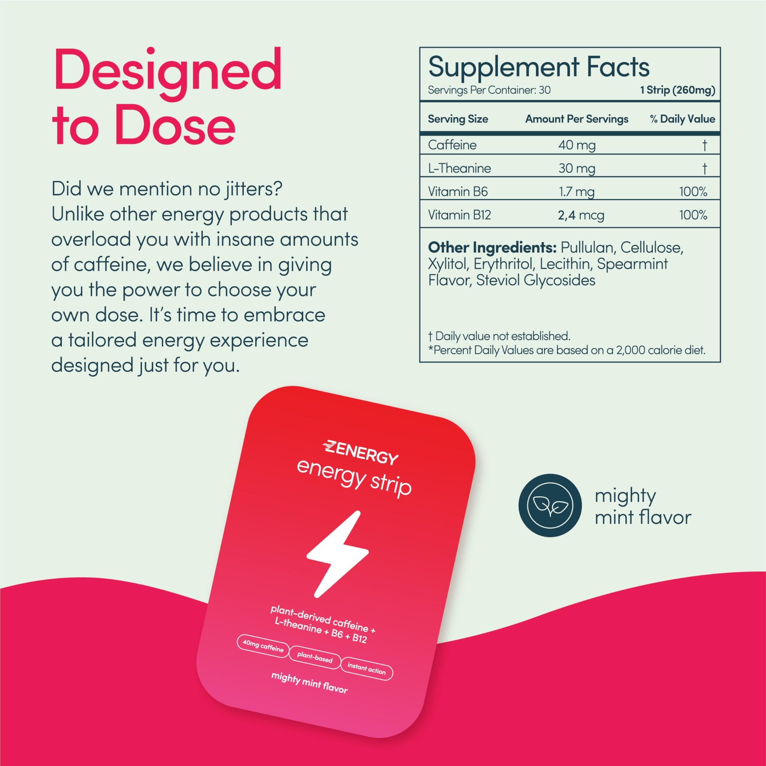 ZENERGY ZENERGY Energy Oral Strips - Mint Flavor | 40mg Caffeine + 30mg L-Theanine + 100% Vitamin B6 & B12 | 0 Sugar, 0 Calories, 0 Gluten, 0 Aspartame, Vegan, Plant-Based, Instant Action | 1 Tin = 30 Strips