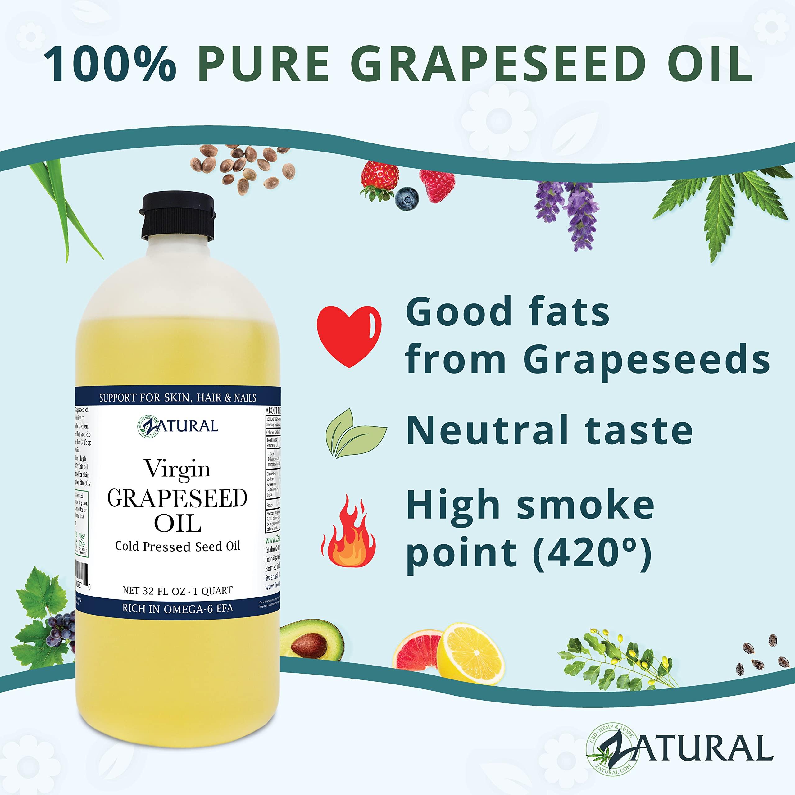 Zatural Zatural Grapeseed Oil Organically Grown 100% Pure Cold Pressed Virgin High Tempurature Cooking Oil (32oz)