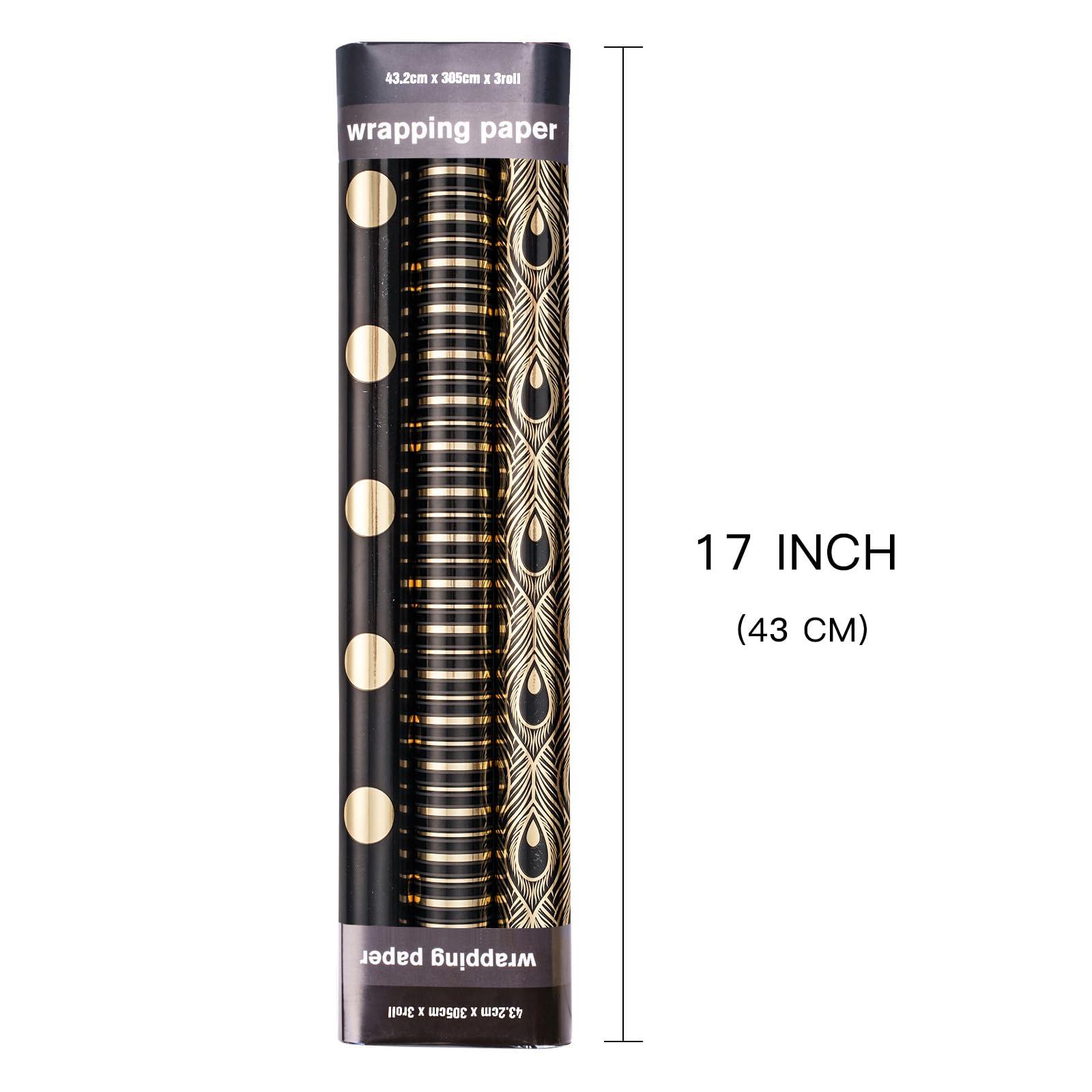 LeZakaa LeZakaa Black Gold Wrapping Paper - Mini Roll - Peacock Feathers/Stripe/Dot Design for Birthday, Wedding, Bridal Shower - 17 x 120 inches - 3 Rolls (42.5 sq.ft.ttl.)