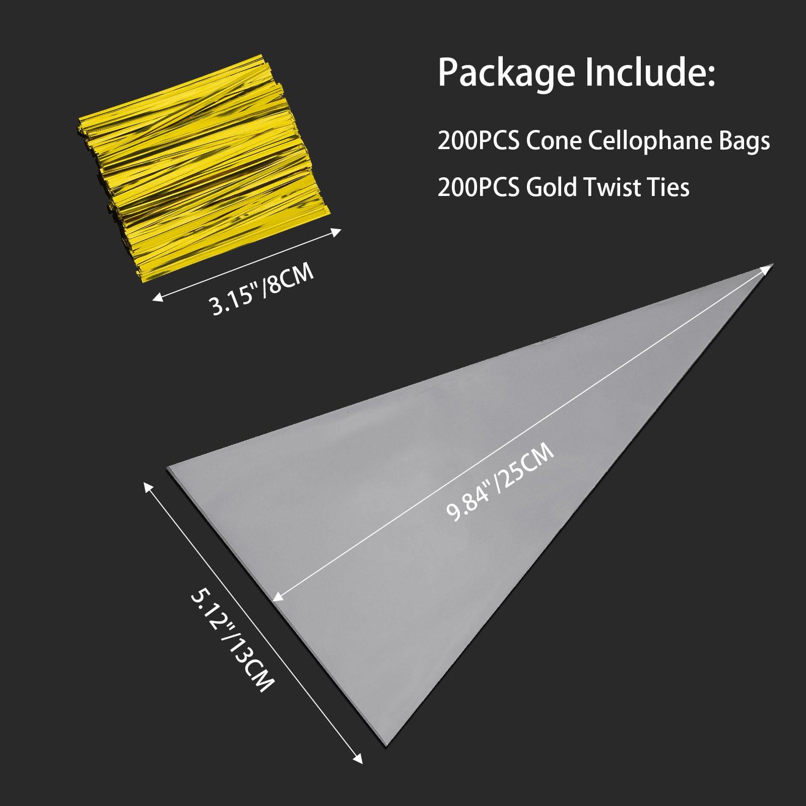 Awpeye Awpeye 200PCS Cone Cellophane Bags 5.12x9.84 Inches Plastic Cone Bags Clear Cone Shaped Treat Bags with 200PCS Gold Twist Ties
