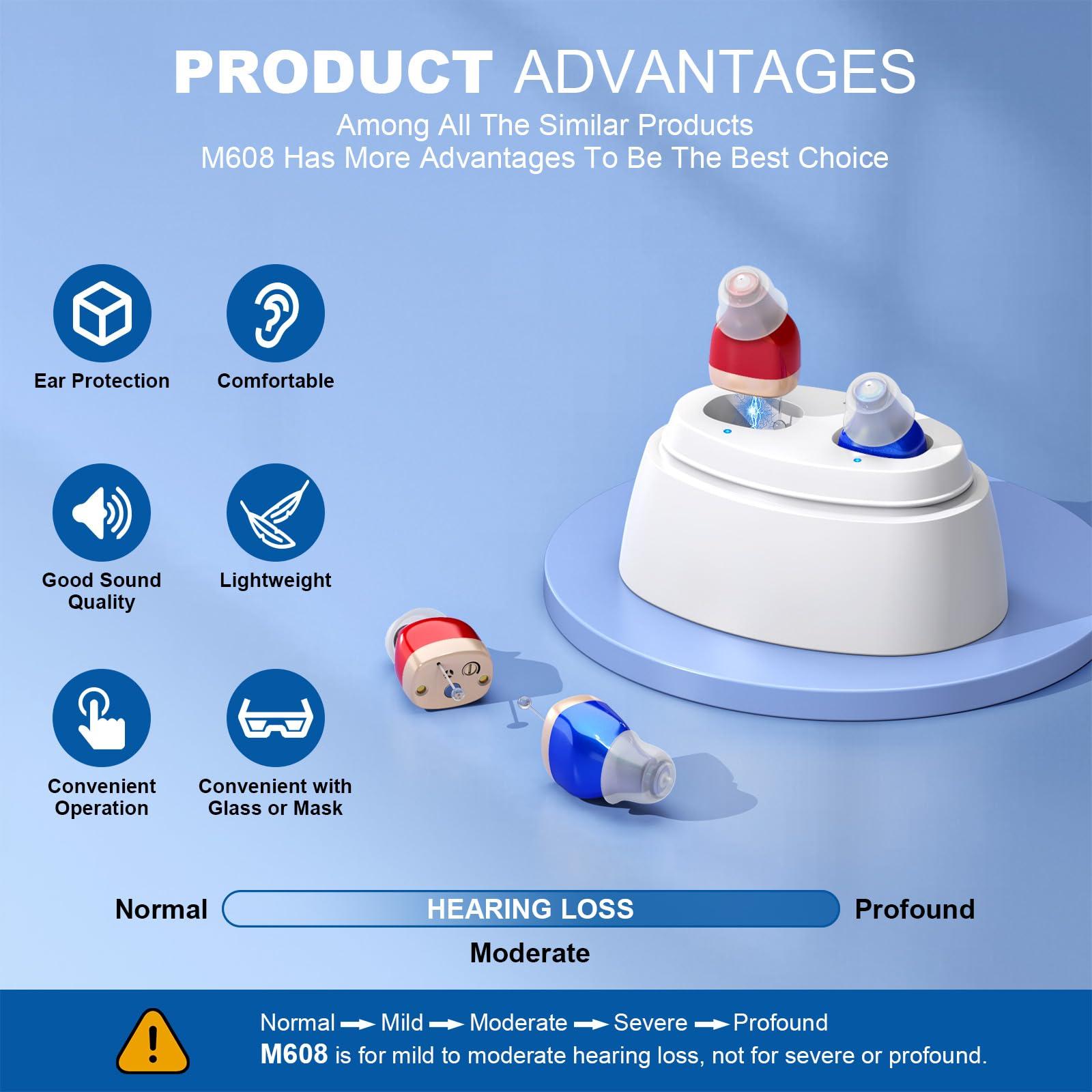 RUYIOER Rechargeable Hearing Aids for Seniors, In-Ear Digital Hearing Aids, Sound Amplifier with Noise Cancellation, Sound Controller for Adults with Hearing Loss, with Portable Charging Case (Red/Blue)