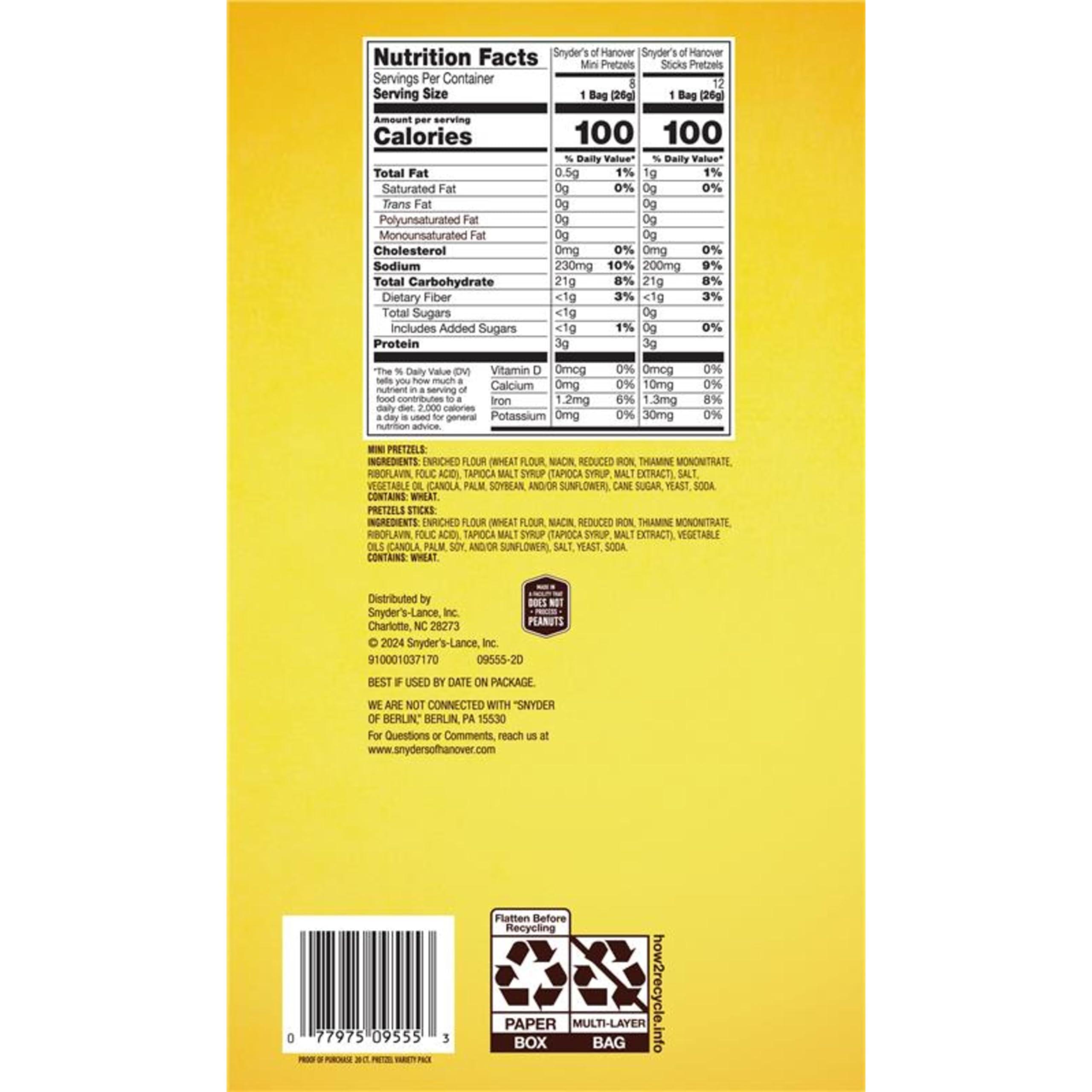 Snyder's of Hanover Snyder's of Hanover Pretzels, Minis and Sticks 100 Calorie Packs, 20 Ct Variety Pack