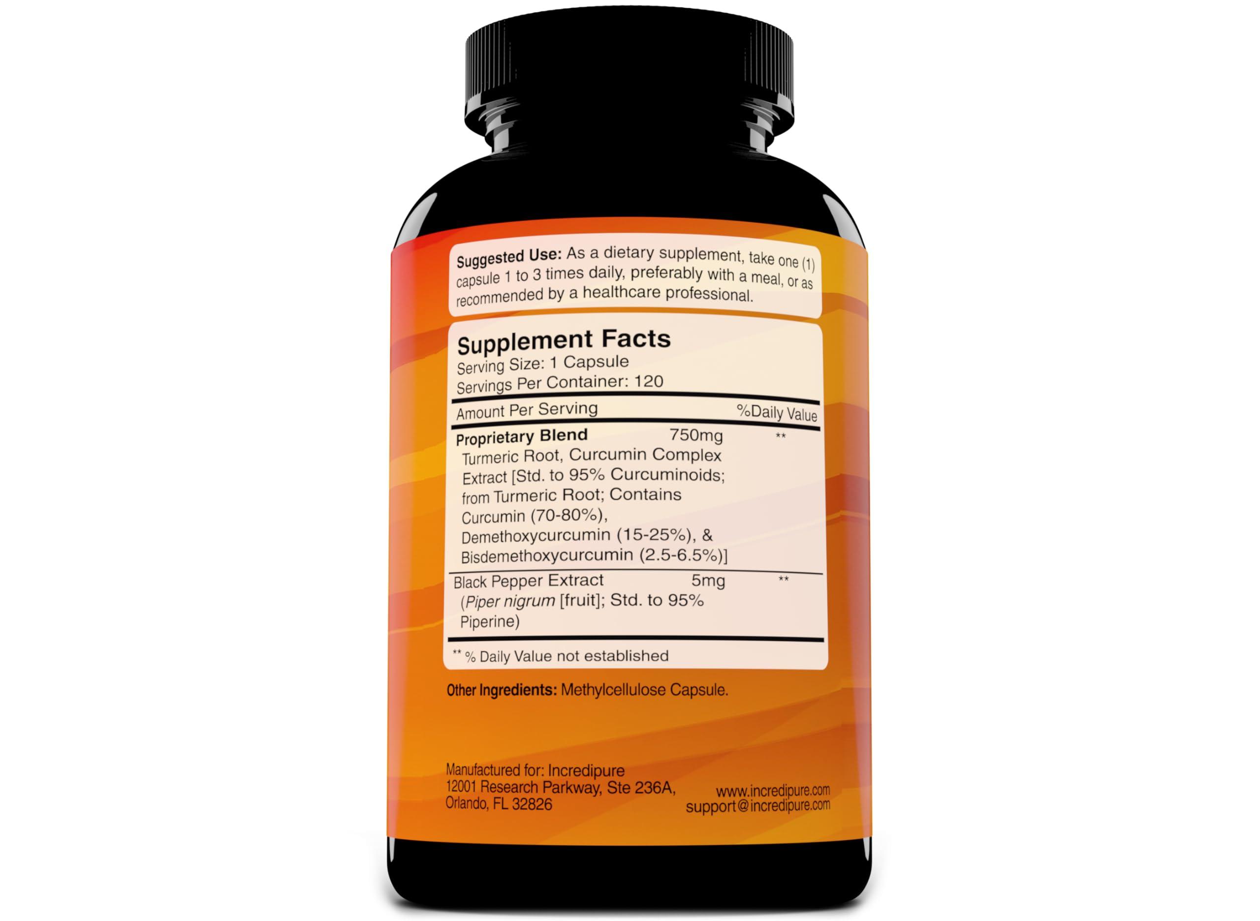 Curcumin Incredipure Turmeric Curcumin Supplement w/ BioPerine - 755mg Per Capsule, 120 Veggie Caps by Curcumin Incredipure