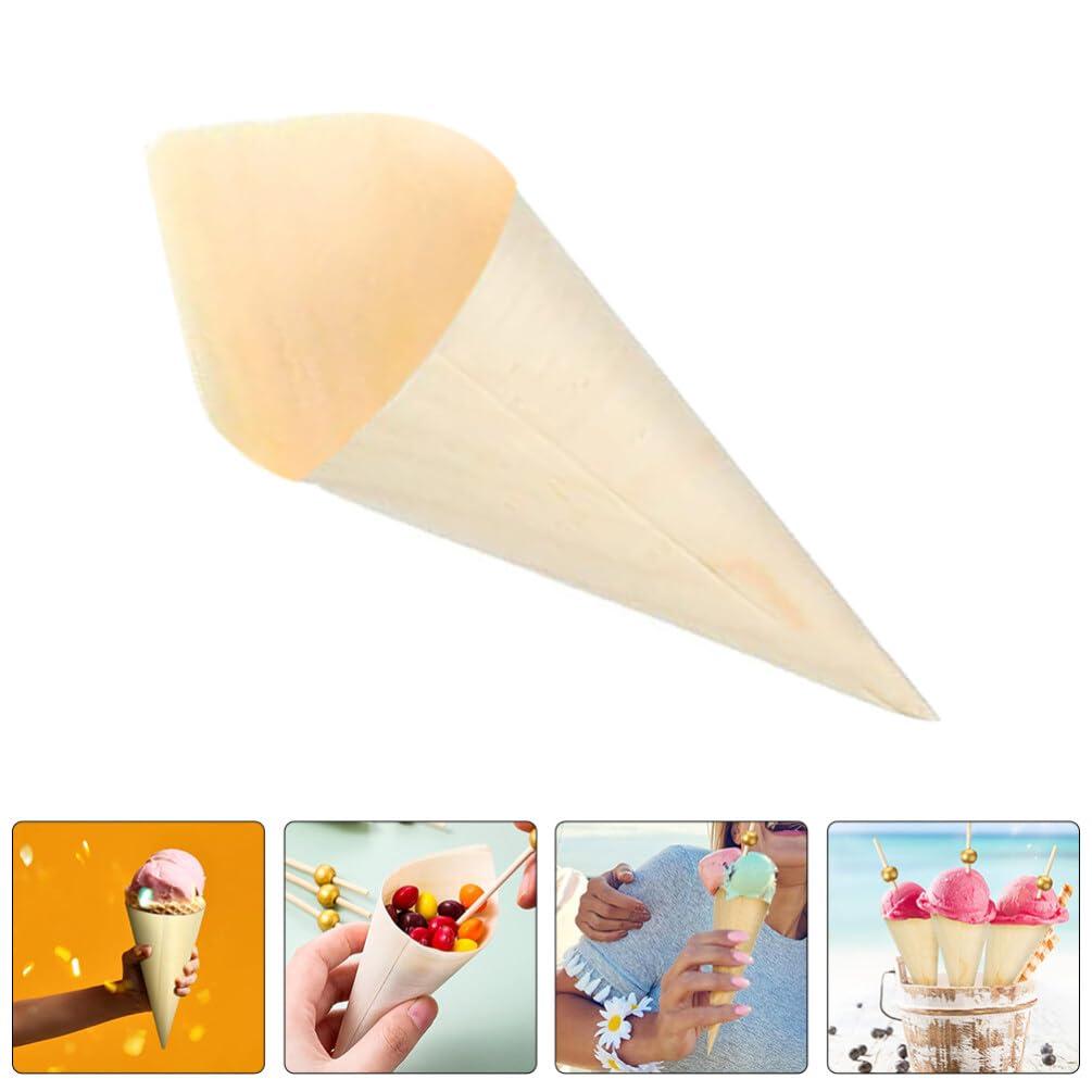 JECOMPRIS 100pcs Ice Cream Veneer Roll Chip Cones Food Cones Food Holder Wood Tasting Cones Wooden Ice Cream Cones Wooden Food Cone Popcorn Cones Wood Ice Cream Holder Wooden Dessert Cones