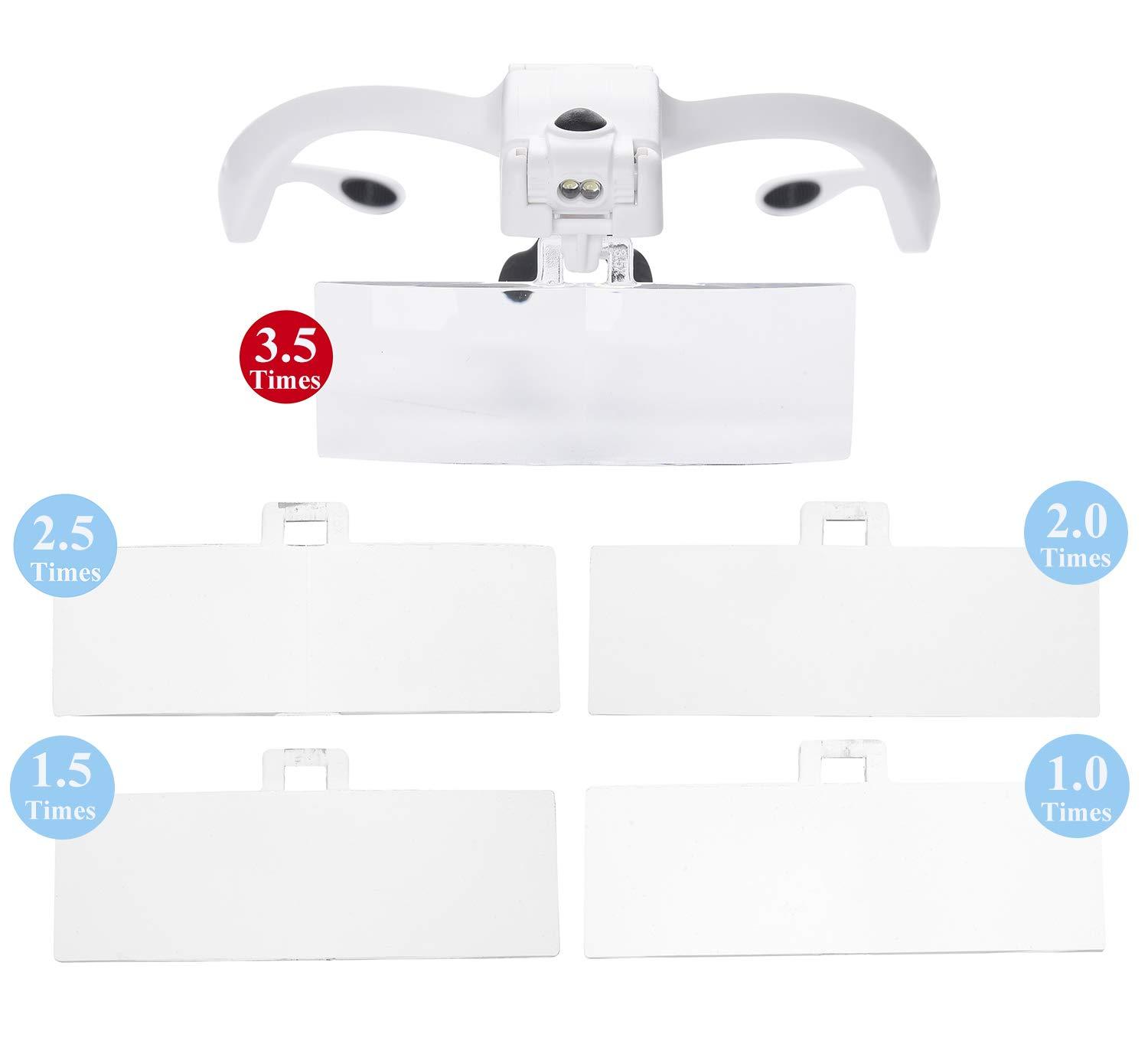 Beileshi Beileshi Headband Magnifying Glasses with Rechargeable LED Lampstents and Headband Interchangeable Magnifier 5 Magnification of Lenses: 1.0X 1.5X 2.0X 2.5X 3.5X