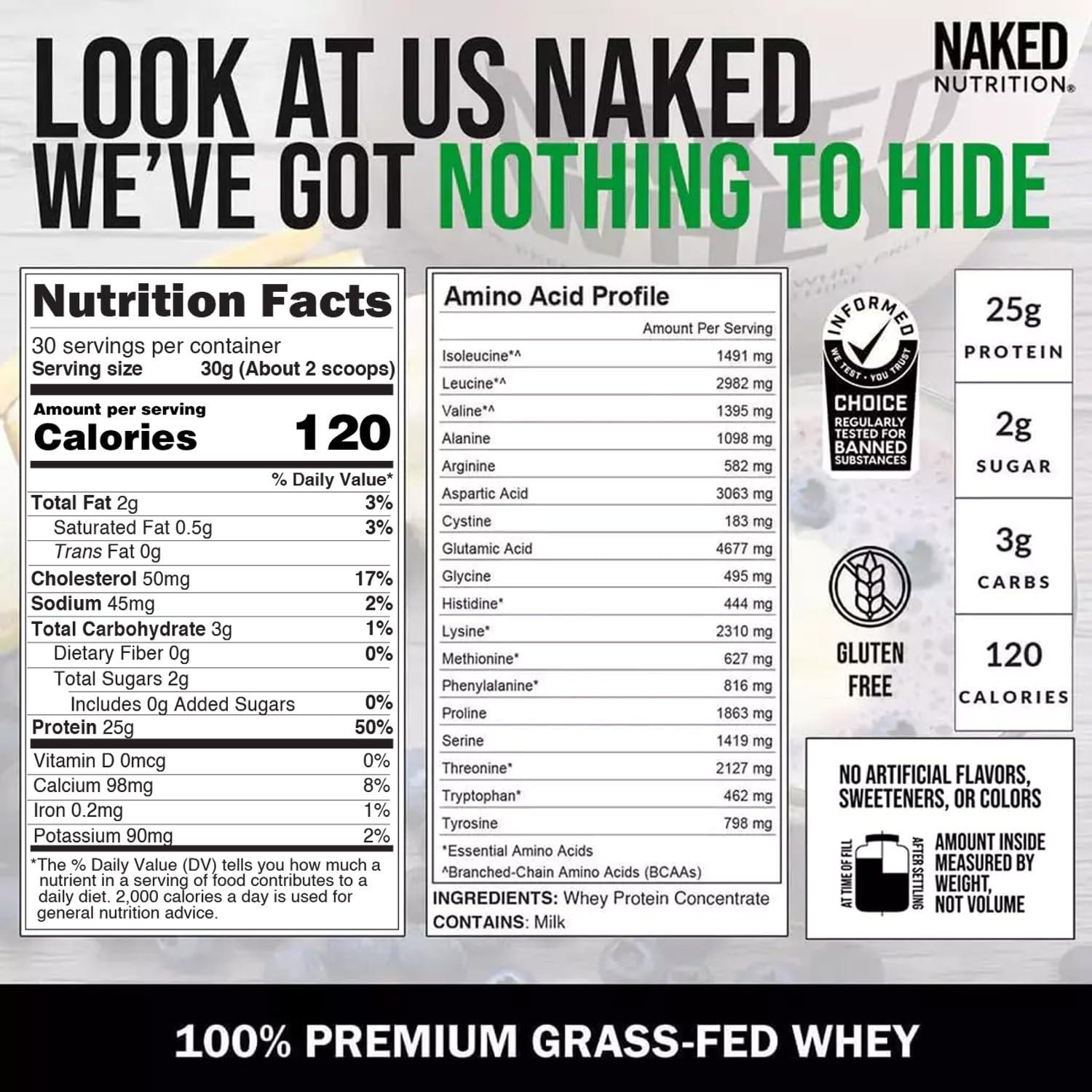 NAKED NAKED Whey 2LB 100% Grass Fed Whey Protein Powder - Only 1 Ingredient, Unflavored Whey Protein, Undenatured, Gluten Free, Soy Free, No GMOs, No Preservatives