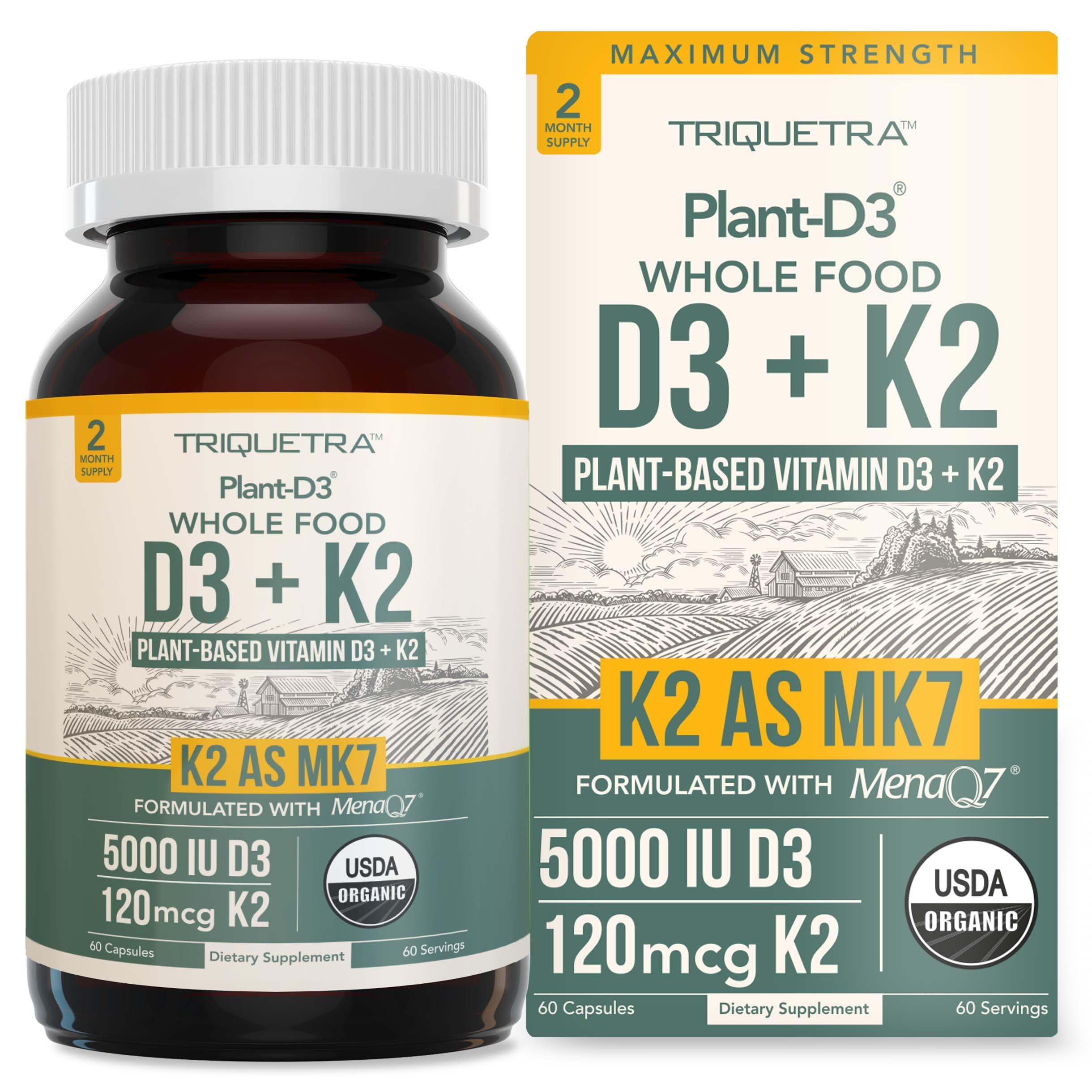 Triquetra Health Organic Plant D3 + K2 | 5000 iu D3 + 120 mcg K2 as All-Trans MK7 from MenaQ7 - 100% Whole Food, Raw & Vegan | Enhanced Digestion with Prebiotic & Superfood Complex D3 from Organic Algae (60 Count)