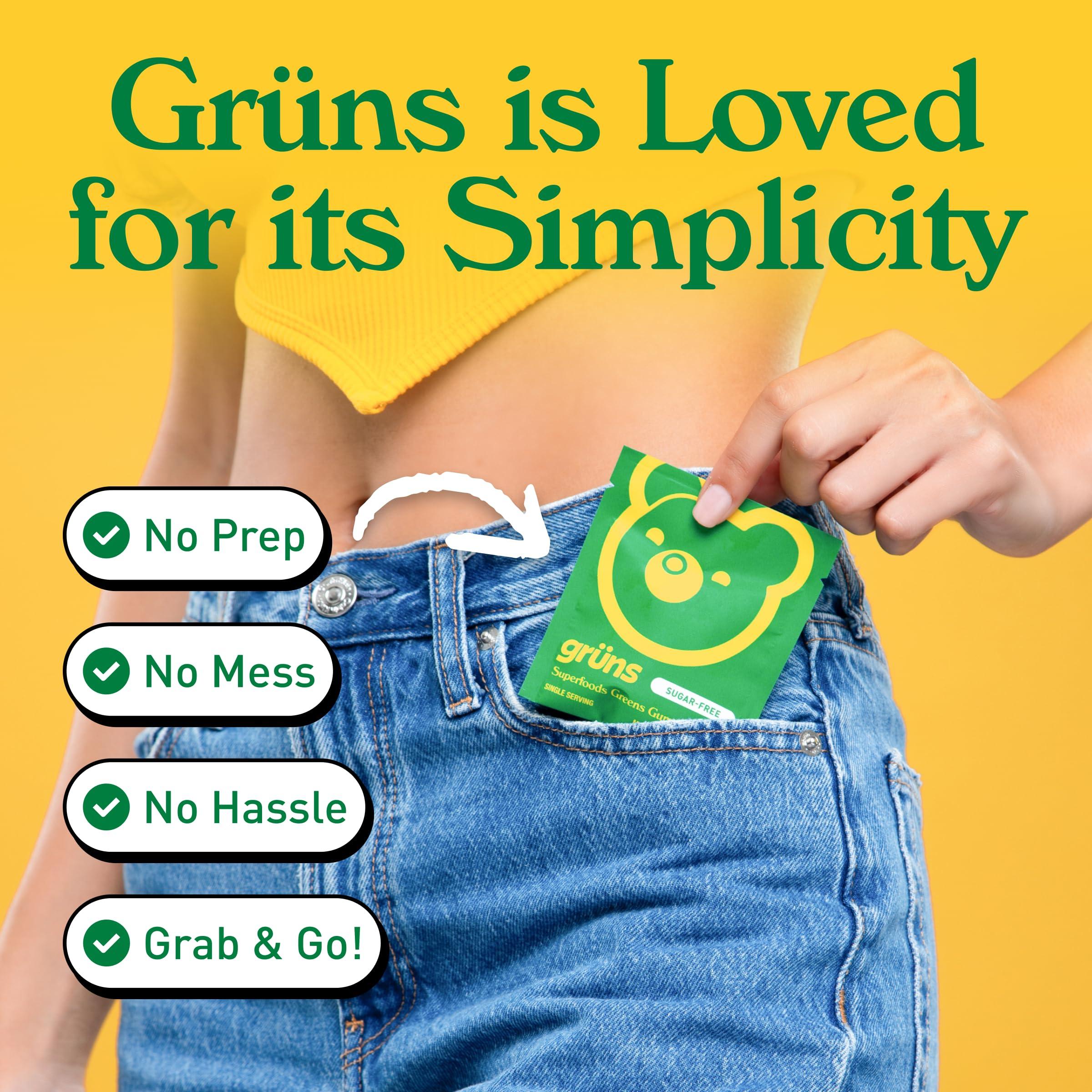 Grns Gruns Adults Super Greens Gummies, Superfood Gummy Bears with Spirulina, Chlorella & Prebiotics for Digestive Health - Adaptogens Supplement with 20 Vitamins & Minerals, Low Sugar- 1 Month Supply