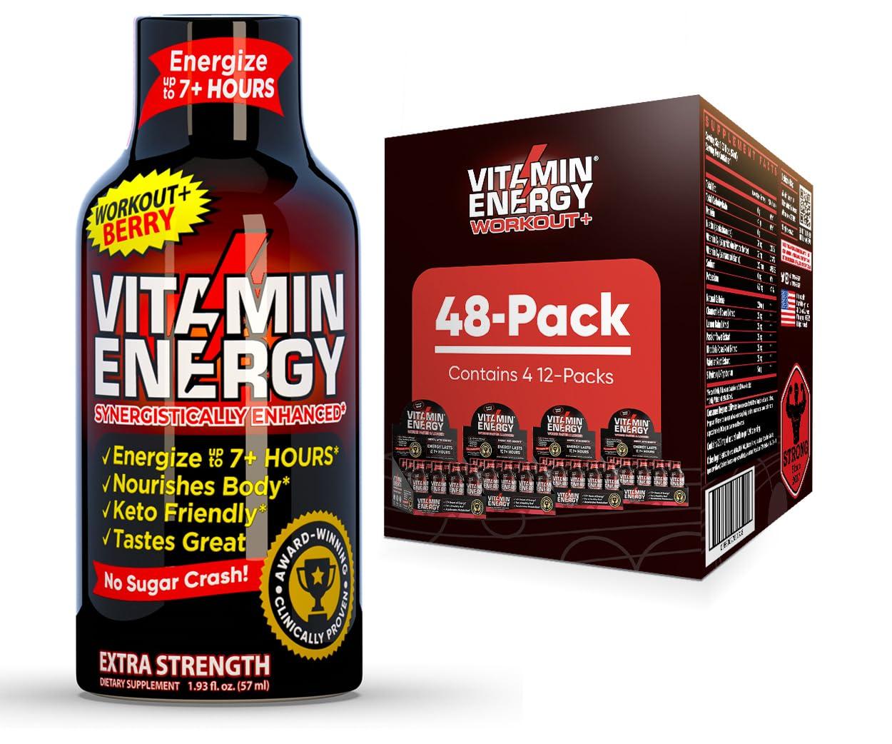 Vitamin Energy Vitamin Energy Pre Workout Drink - Keto Friendly Sugar Free Shots | Natural Clean Green Tea Caffeine with Proprietary Endurance Blend | Energize up to 7+ Hours - Berry - 1.93 Fl Oz- Pack of 48