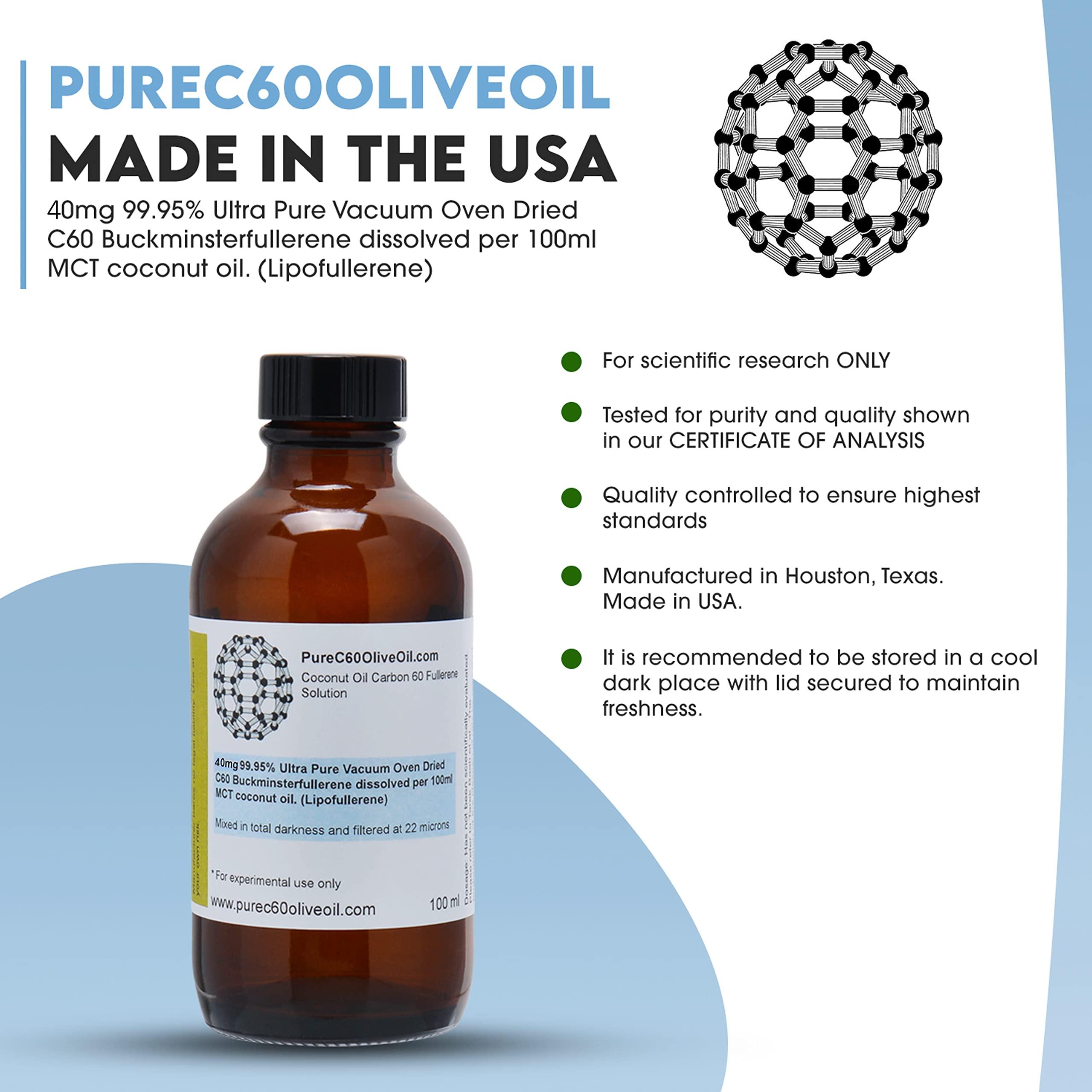PureC60OliveOil.com PureC60OliveOil C60 Organic MCT Coconut Oil 100ml / 3.4 Fl Oz - 99.95% Carbon 60 Solvent Free 40mg - Amber Glass Bottle - Food Grade - Carbon 60 Coconut Oil - From The Leading Global Producer