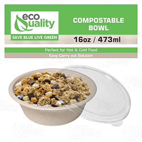 EcoQuality [400 Pack] 16 oz Compostable Paper Bowls with Lids Heavy-Duty Disposable Bowls, Eco-Friendly Natural Bagasse Unbleached, Hot or Cold Use, 100% Biodegradable Soup Bowls Sugarcane