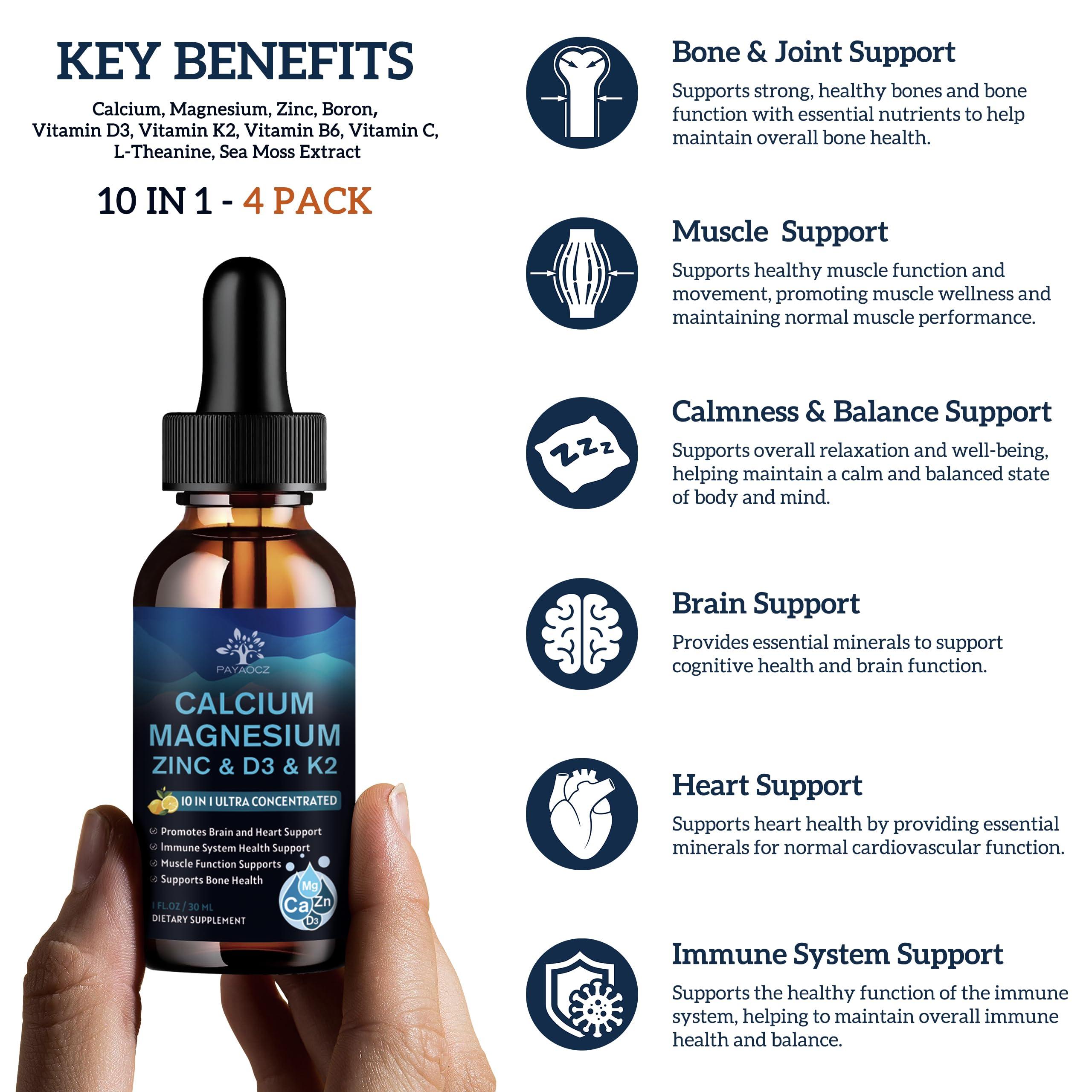 PAYAOCZ (4 Pack) 10 in 1 Calcium Magnesium Zinc Supplement, Magnesium Glycinate Complex Liquid Drops with Vitamin D3 K2 B6, Vegan Calcium Citrate Bone & Immune Health Support, Sleep & Cramps, Boron, 1 Fl Oz