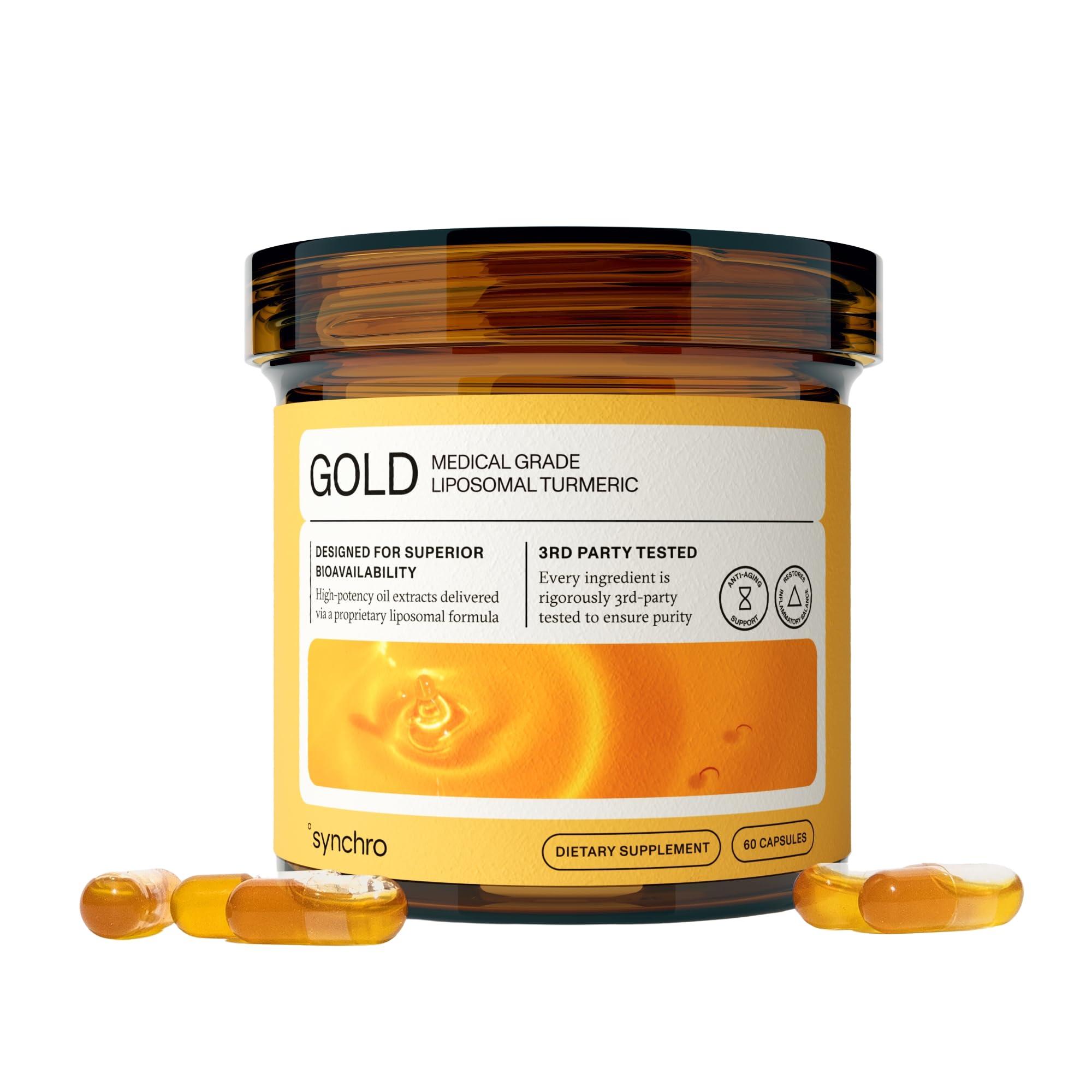 Synchro Synchro Gold Medical-Grade Liposomal Turmeric | 60ct Capsules | Whole-Plant Extract, Nano-Encapsulation Delivery | Curcumin Black Pepper Piperine Supplement