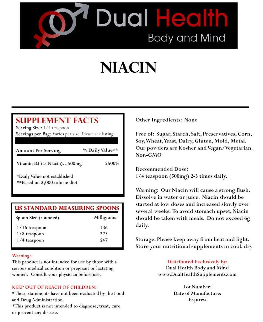 Dual Health Body and Mind Niacin Powder (8 oz) Vitamin B3 Bulk Supplement Immediate Release Niacin with Flush Nicotinic Acid Non-GMO, Vegan, Gluten Free Company Fast Absorption No GMOs, Fillers, Additives or Heavy Metals
