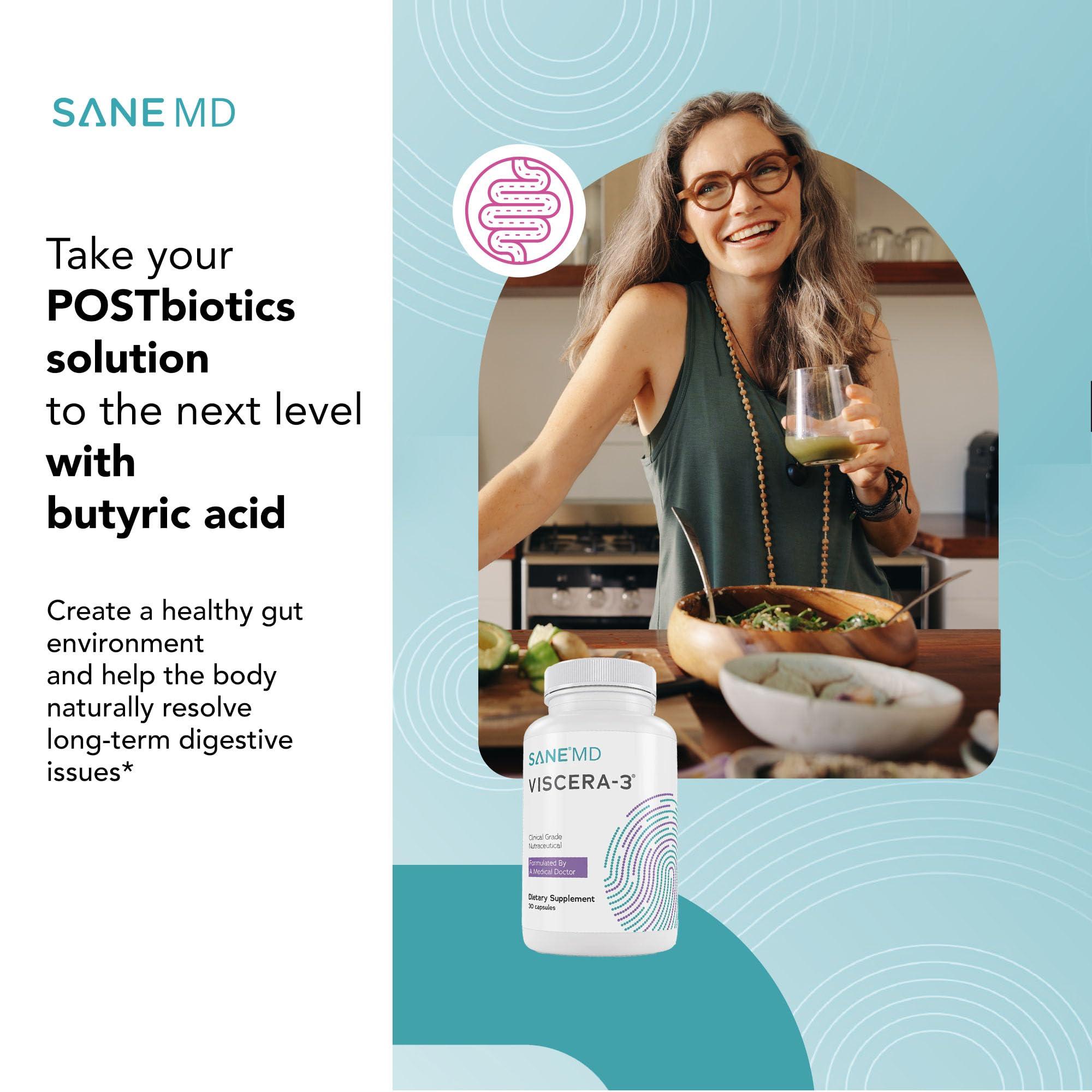 SANE SANE MD - Viscera 3 Postbiotics with Tributyrin - Sodium Butyrate Supplement for Gas and Bloating Relief - Gut Health - IBS & Leaky Gut Butyric Acid Supplement - NSF Certified - 30 Capsules