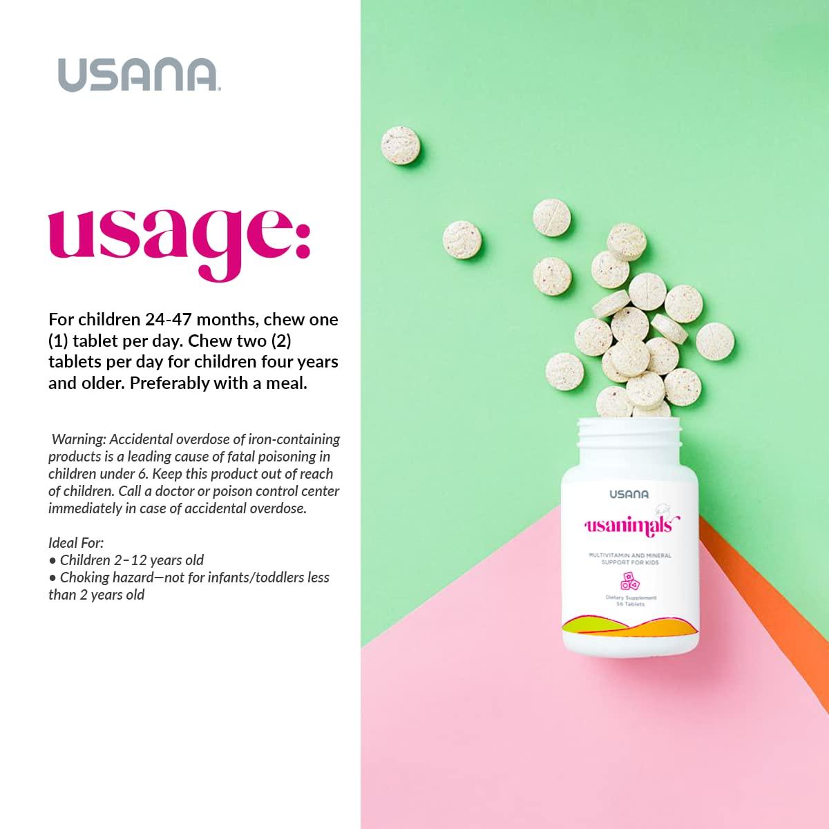 USANA USANA Usanimals Multivitamin for Kids - Daily Chewable Tablets with Vitamins A, C, D, E, B6, B12, Zinc, Iron - Supports Immune, Bone & Brain Health - Essential Nutrients for Ages 2-12 - 56 Tablets