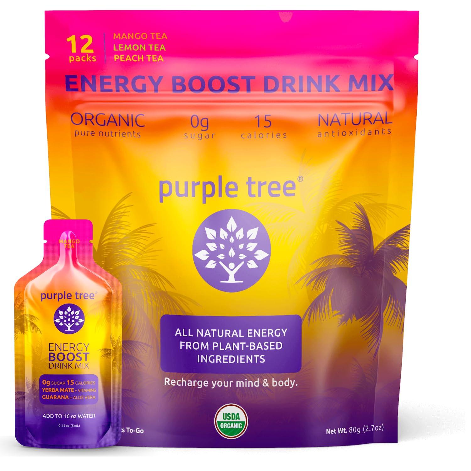 purple tree Purple Tree Organic Energy Stick Packets, Zero Sugar, B12 Vitamins, Lemon Ice Tea Flavor | 80mg Caffeine from Yerba Mate & Guarana to Prevent Crashing, 12 To-Go Packs