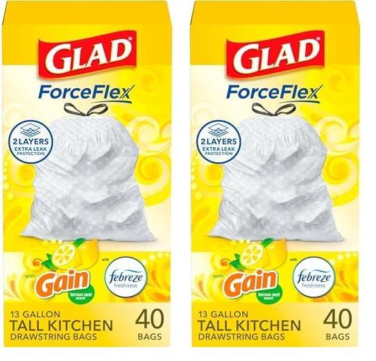 Glad Glad ForceFlex Tall Kitchen Drawstring Trash Bags, 13 Gallon, Gain Lemon Zest, 40 Ct, Pack May Vary (Pack of 2)