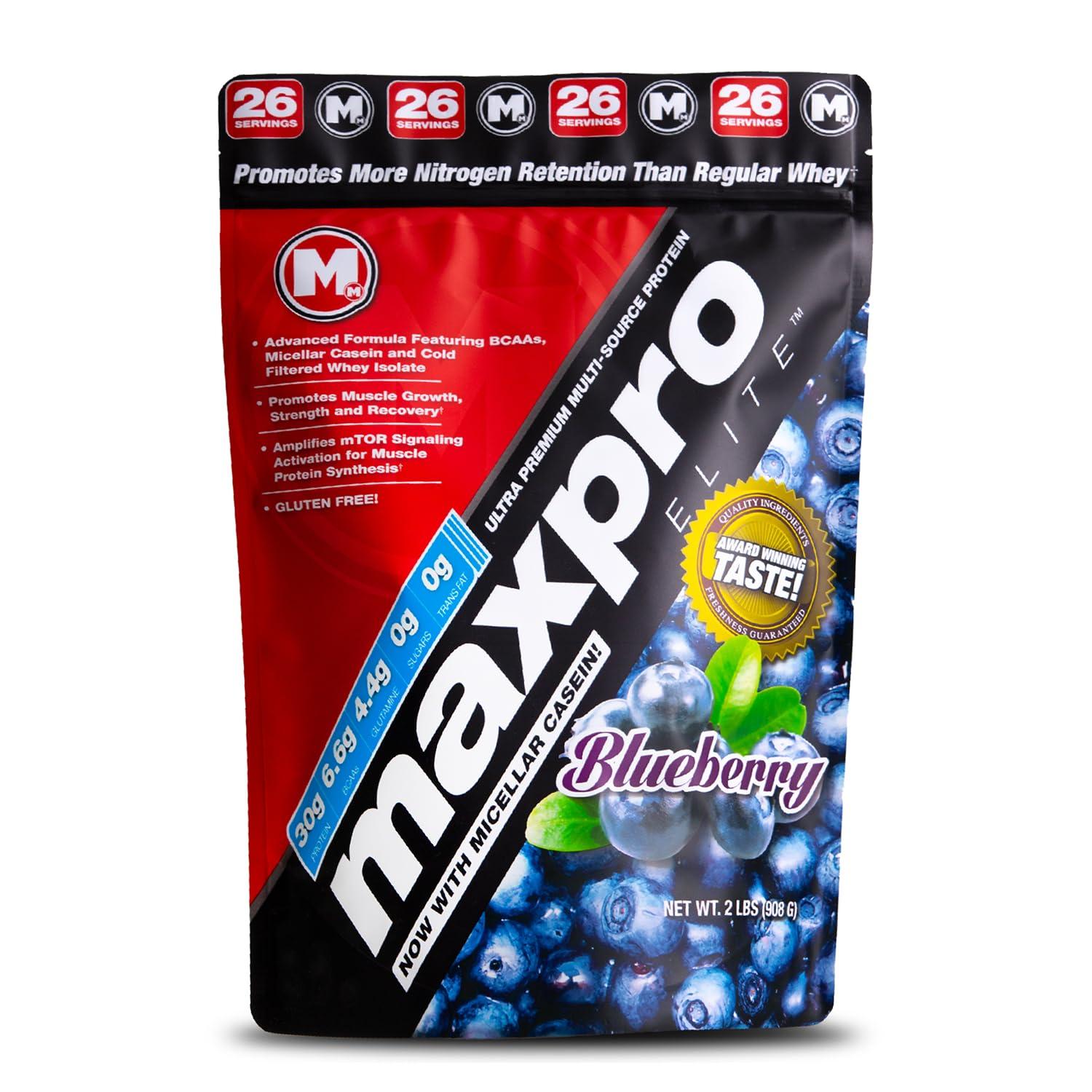 Max Muscle Max Muscle Maxpro Elite Whey Protein Powder | 30g Protein | 0g Sugar | 6.6g BCAAs | Micellar Casein Cold Filtered Whey Isolate Protein | Promotes Muscle Growth & Recovery (Blueberry, 2lb)