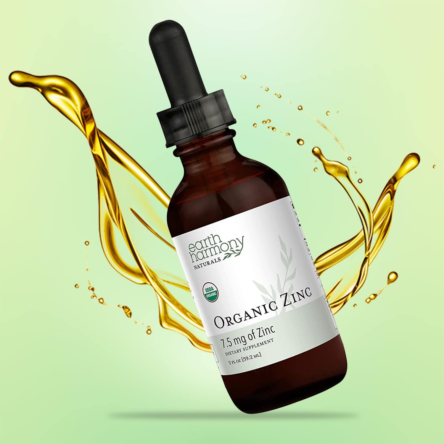 Earth Harmony Naturals Organic Liquid Zinc Sulfate - Pure Zinc Supplements for Skin Health, Immune System Function and Normal Cell Growth in Adult Men & Women - Non-GMO, Vegan 7.5mg - 2 Fl Oz