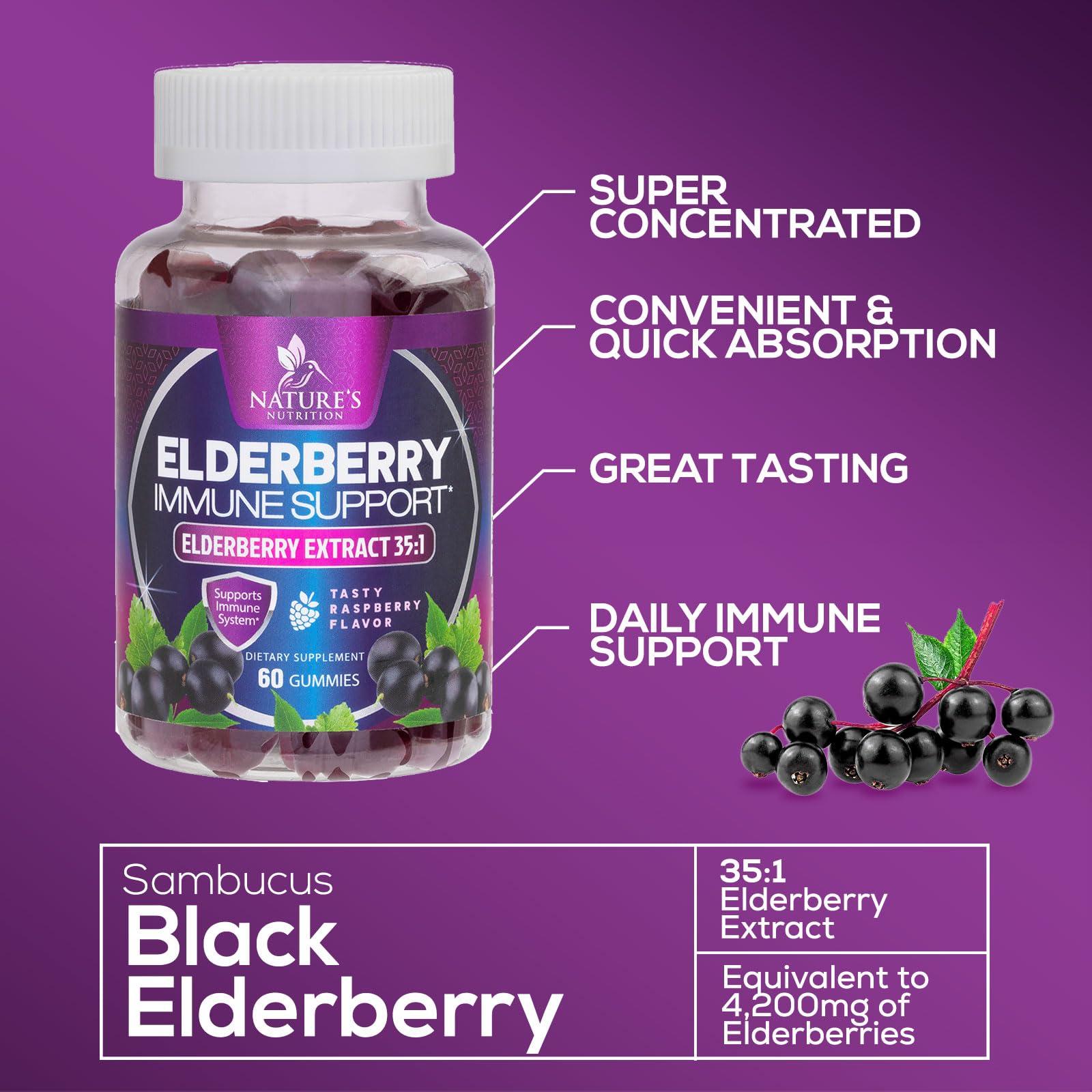 Nature's Nutrition Sambucus Elderberry Immune Gummies - Daily Immune Support for Kids & Adults - Super Concentrated 35:1 Extract, Equivalent to 4200mg of Elderberries, Black Elder Berry Vitamin Supplement - 60 Capsules